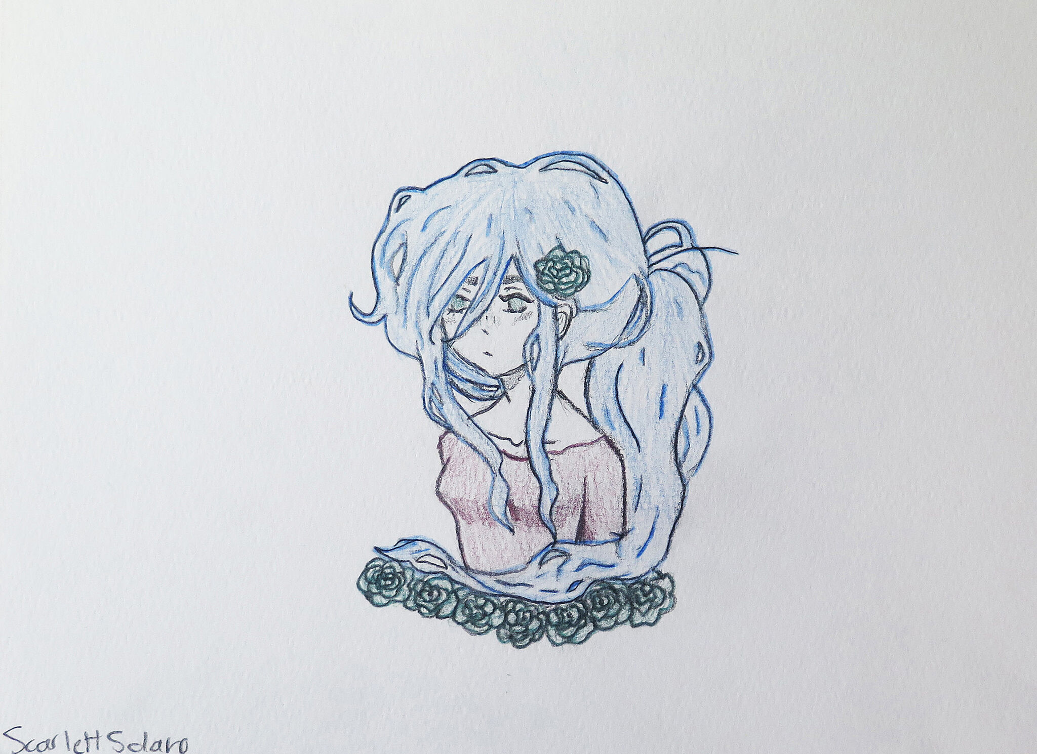 Hand-drawn sketch of a blue-haired girl with a rose in her hair.