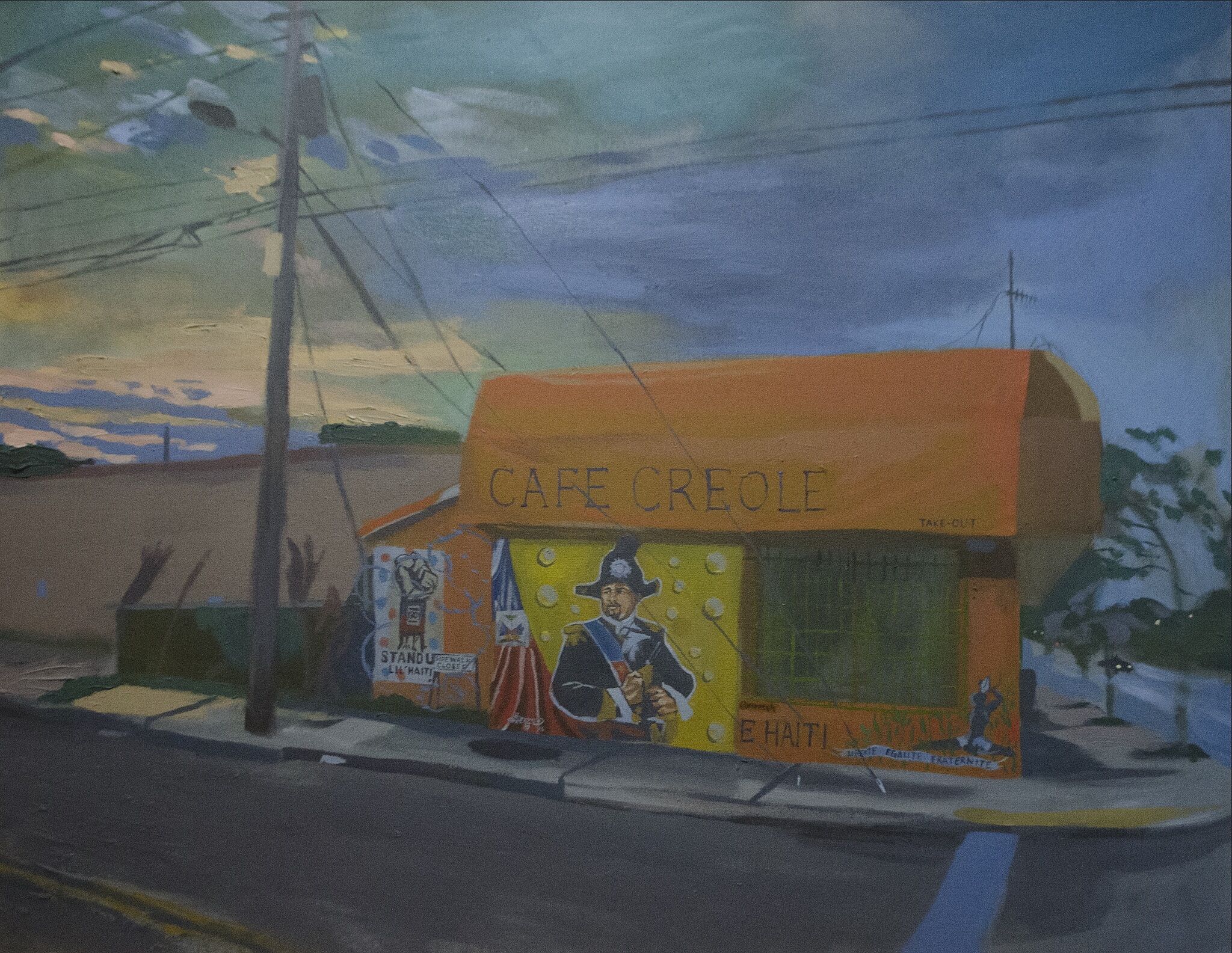 A painting of a cafe on an empty street corner.