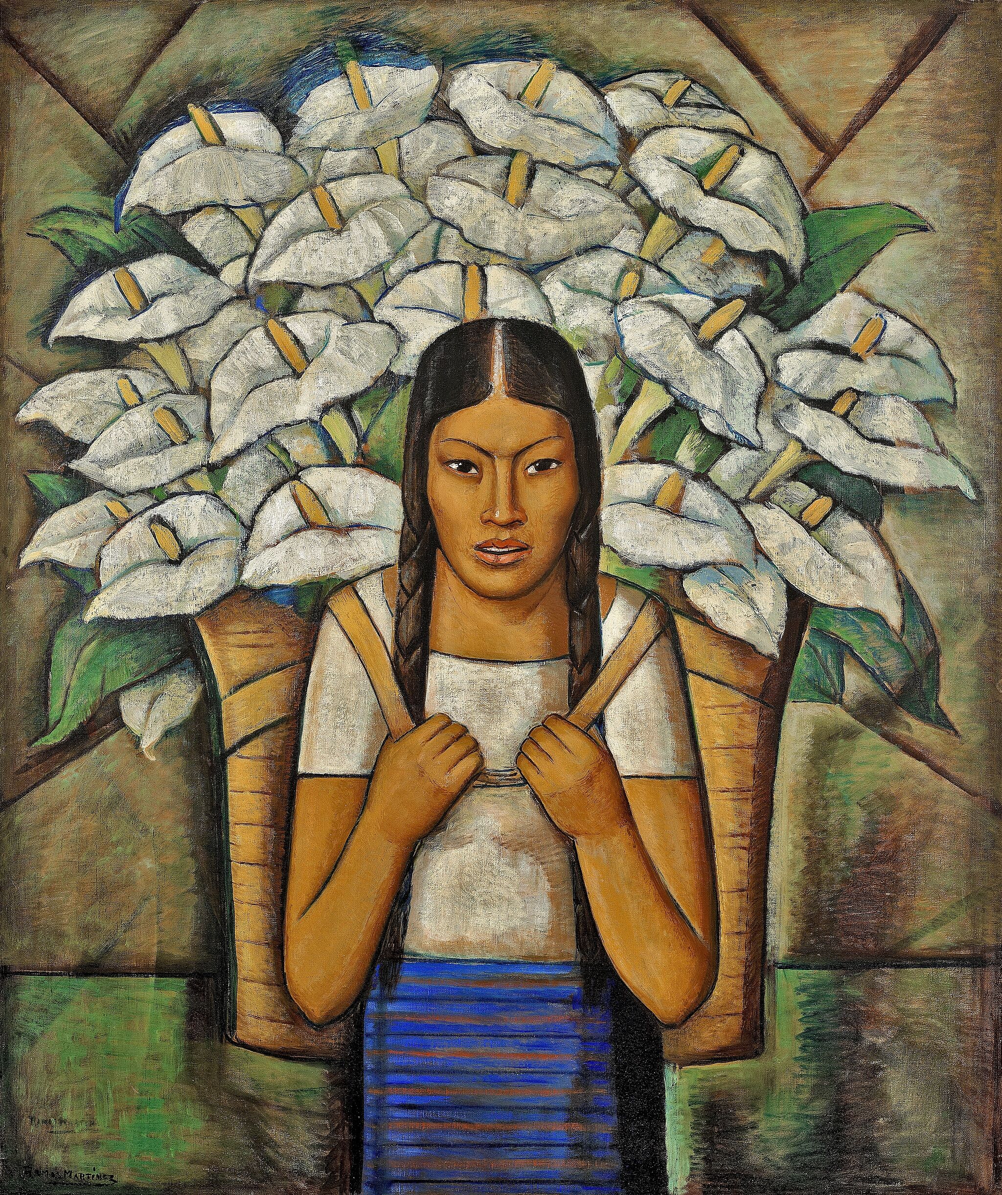 Painting of a woman with a basket of calla lilies