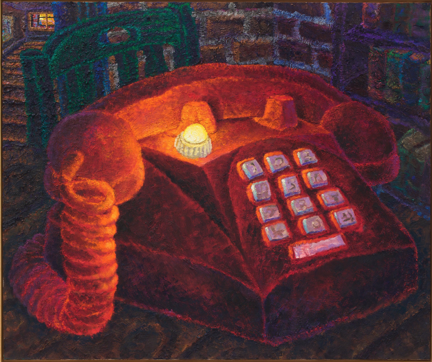 A close-up painting of and enlarged red telephone.