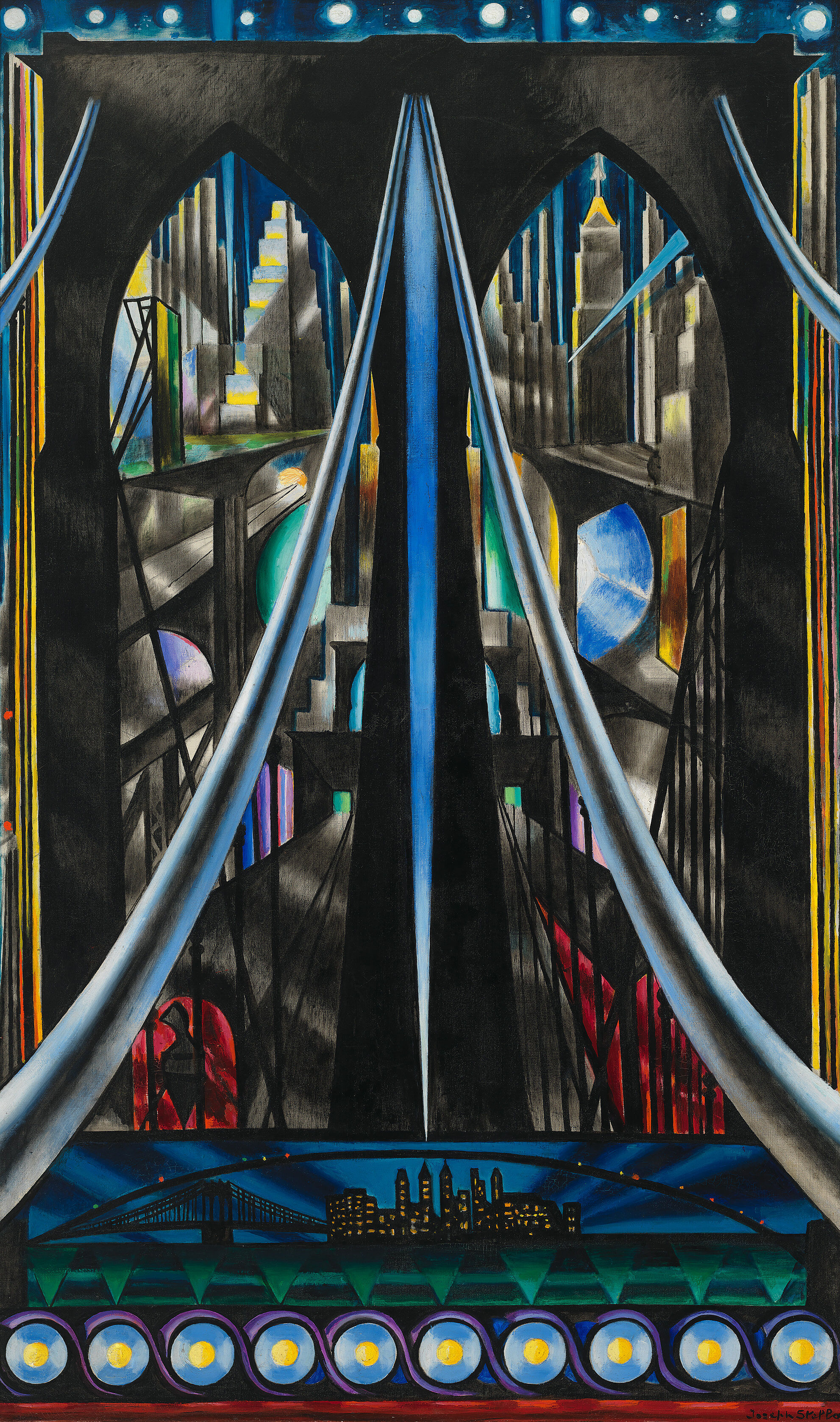 An angular painting of the Brooklyn Bridge, looking up towards the tower. The perspective is unrealistic, and almost abstract, and filled with blues and greens and grays.