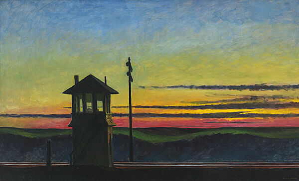 A painting of a blue yellow and red sunset with a railroad tower and racks in the foreground.