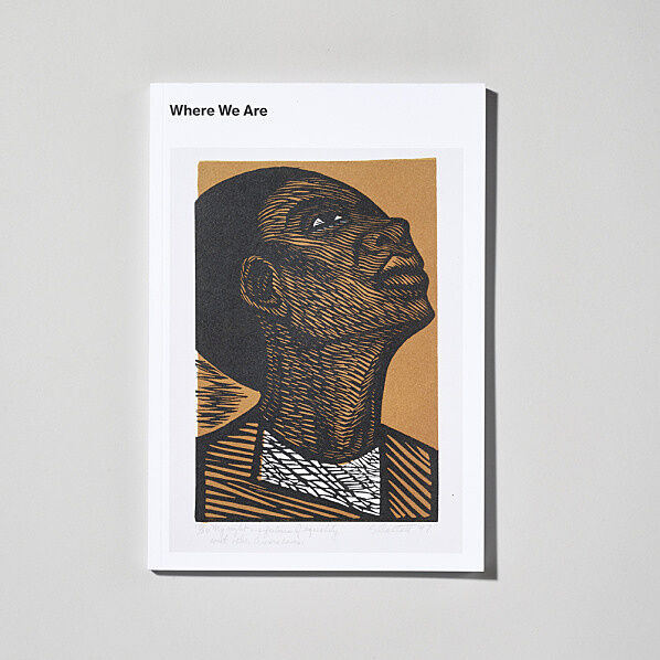 Book cover showing a portrait of a person looking upward on a white background, with the text "Where We Are" above.