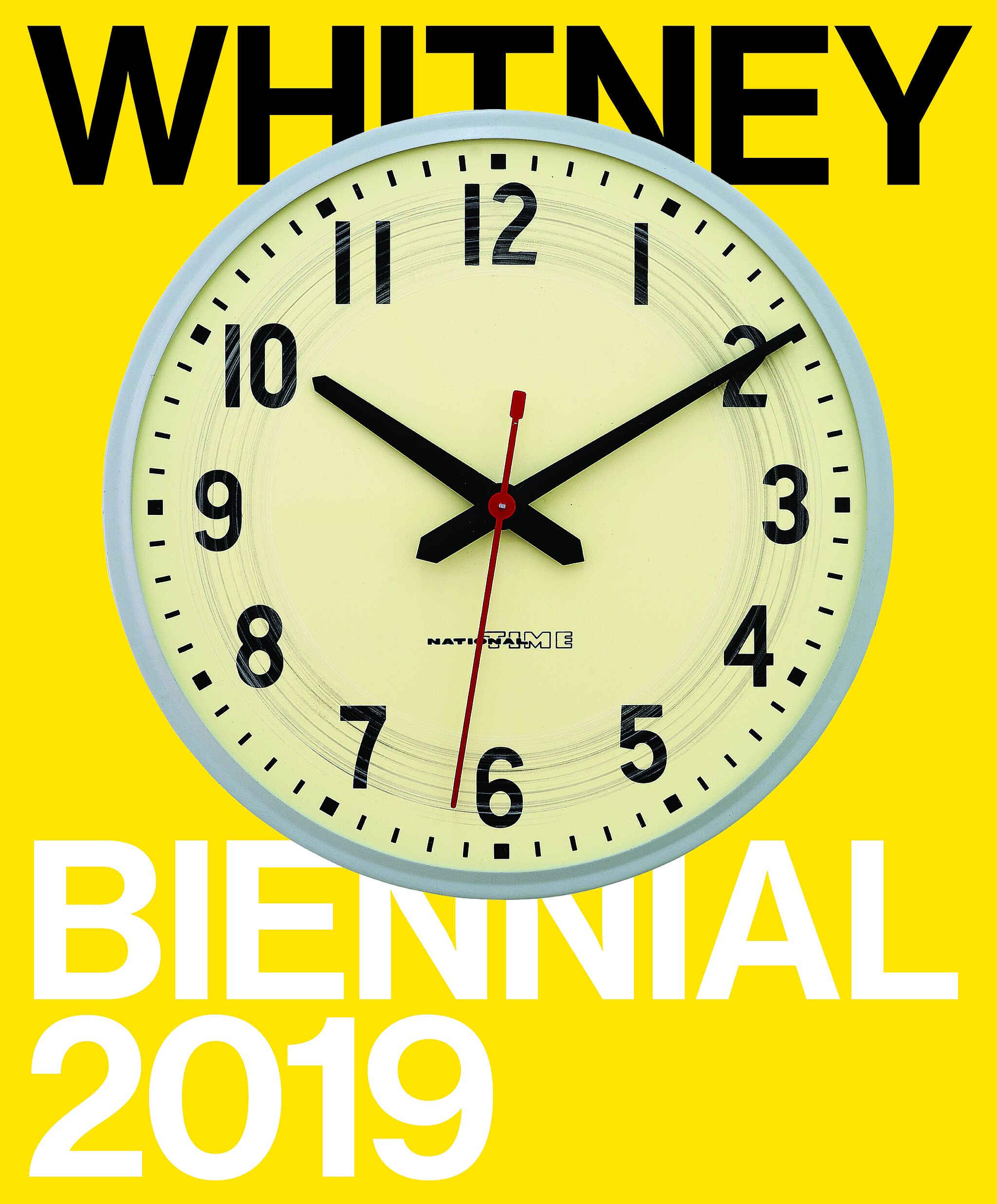 Text that says Whitney Biennial 2019 with a round clock in the middle.