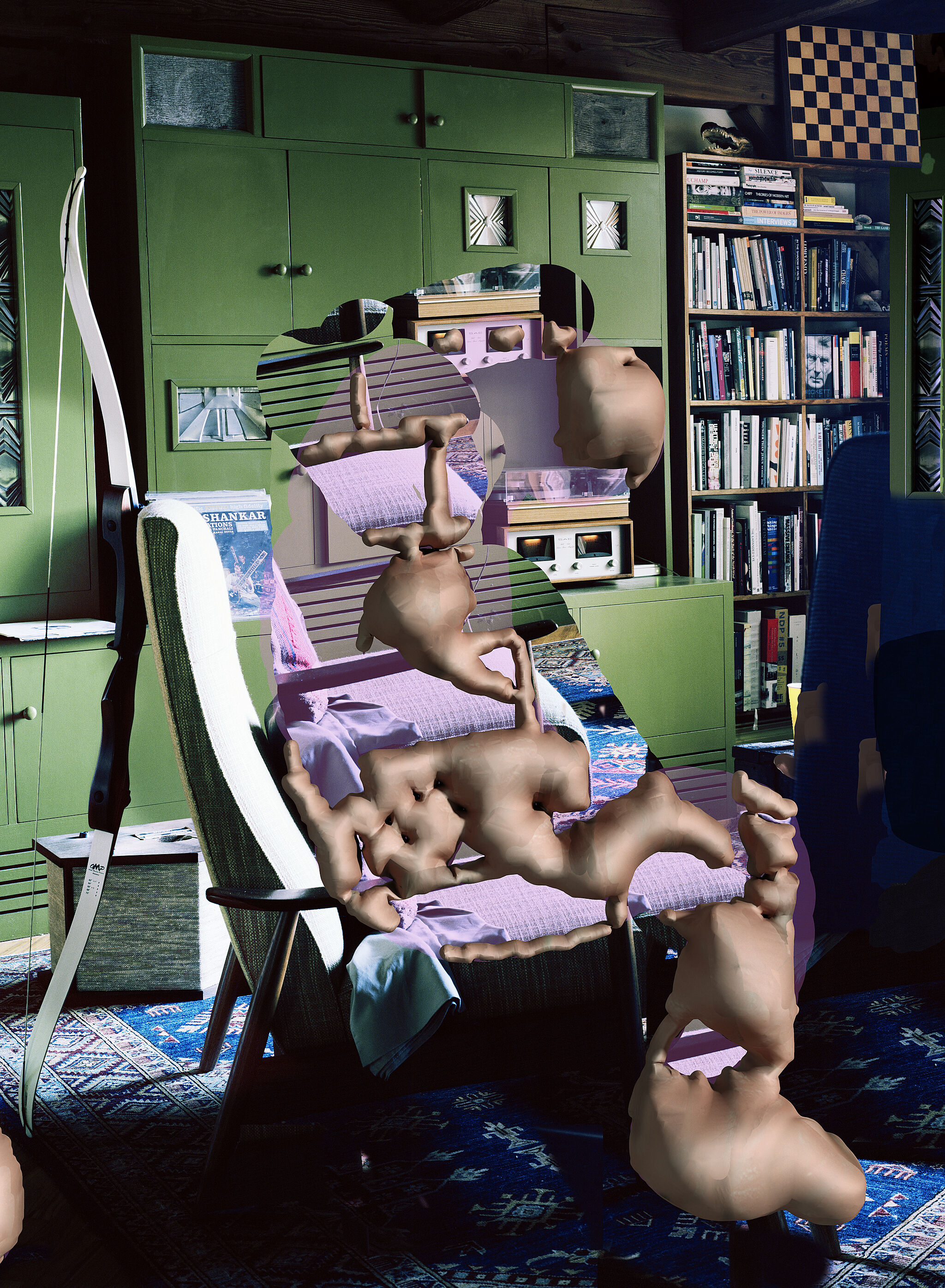 A print of an office interior with an abstracted human silhouette sitting on a chair.