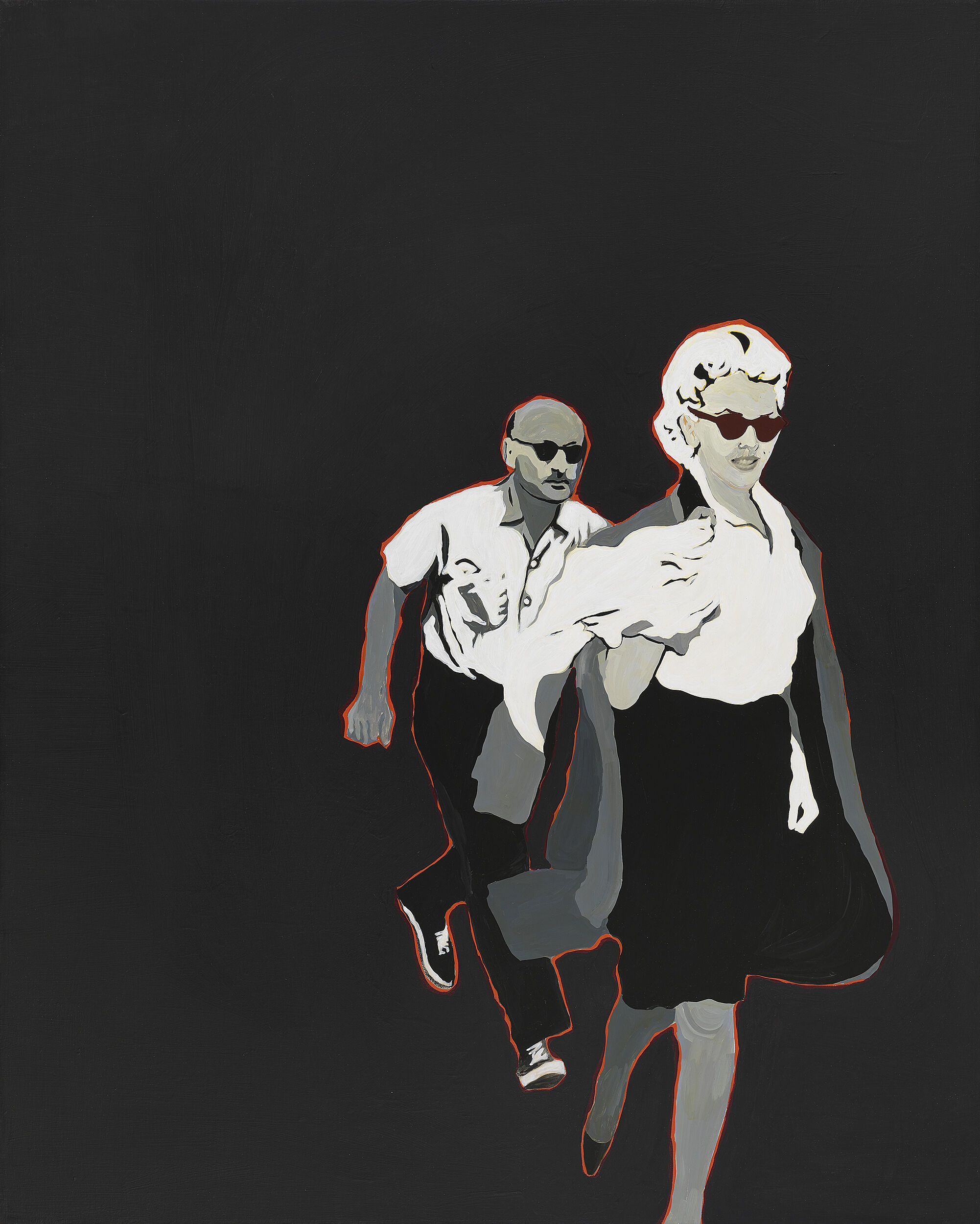 Stylized painting of two figures in sunglasses with red outlines against a black background.