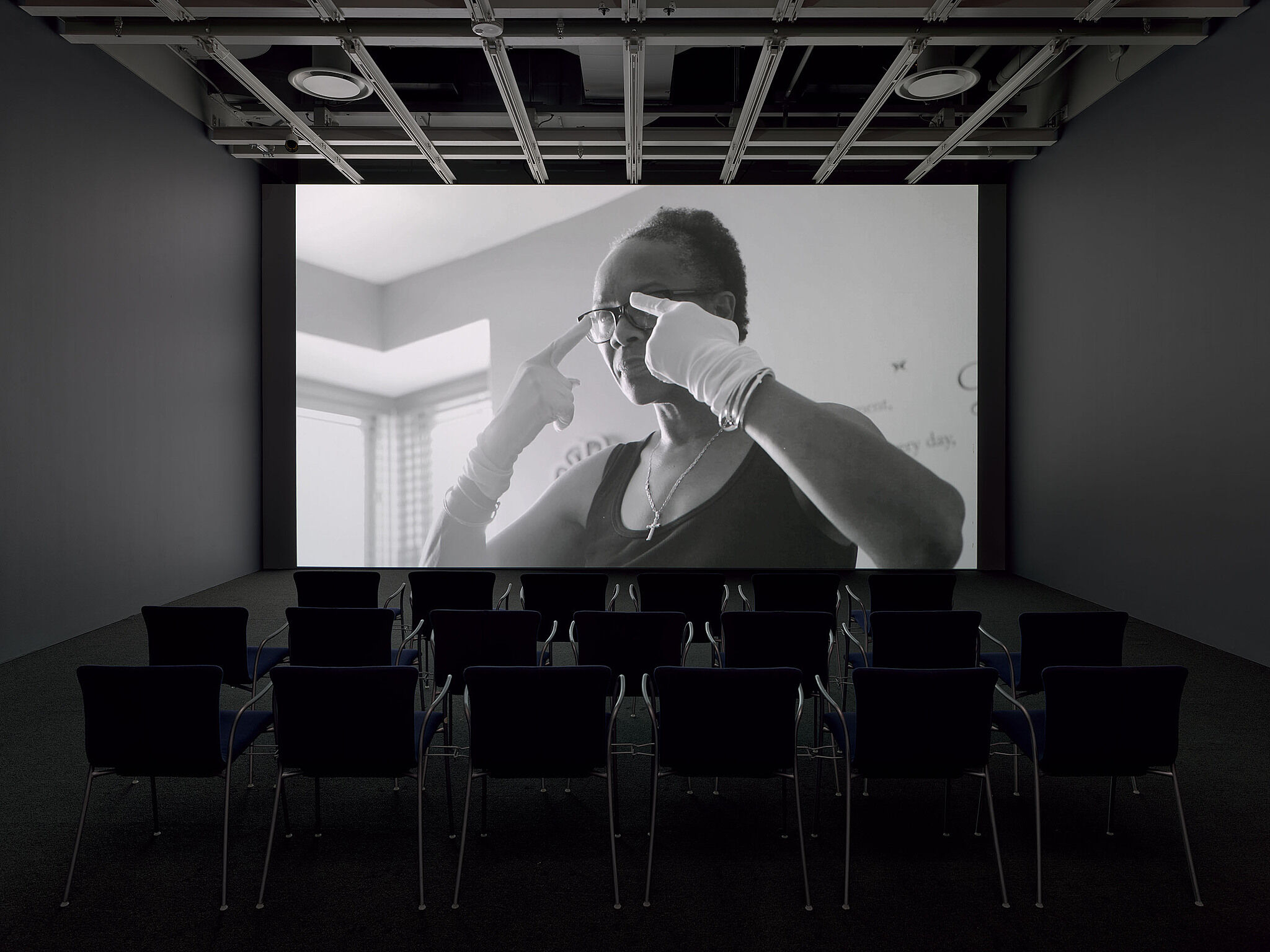 An installation view of a video projection in a gallery.