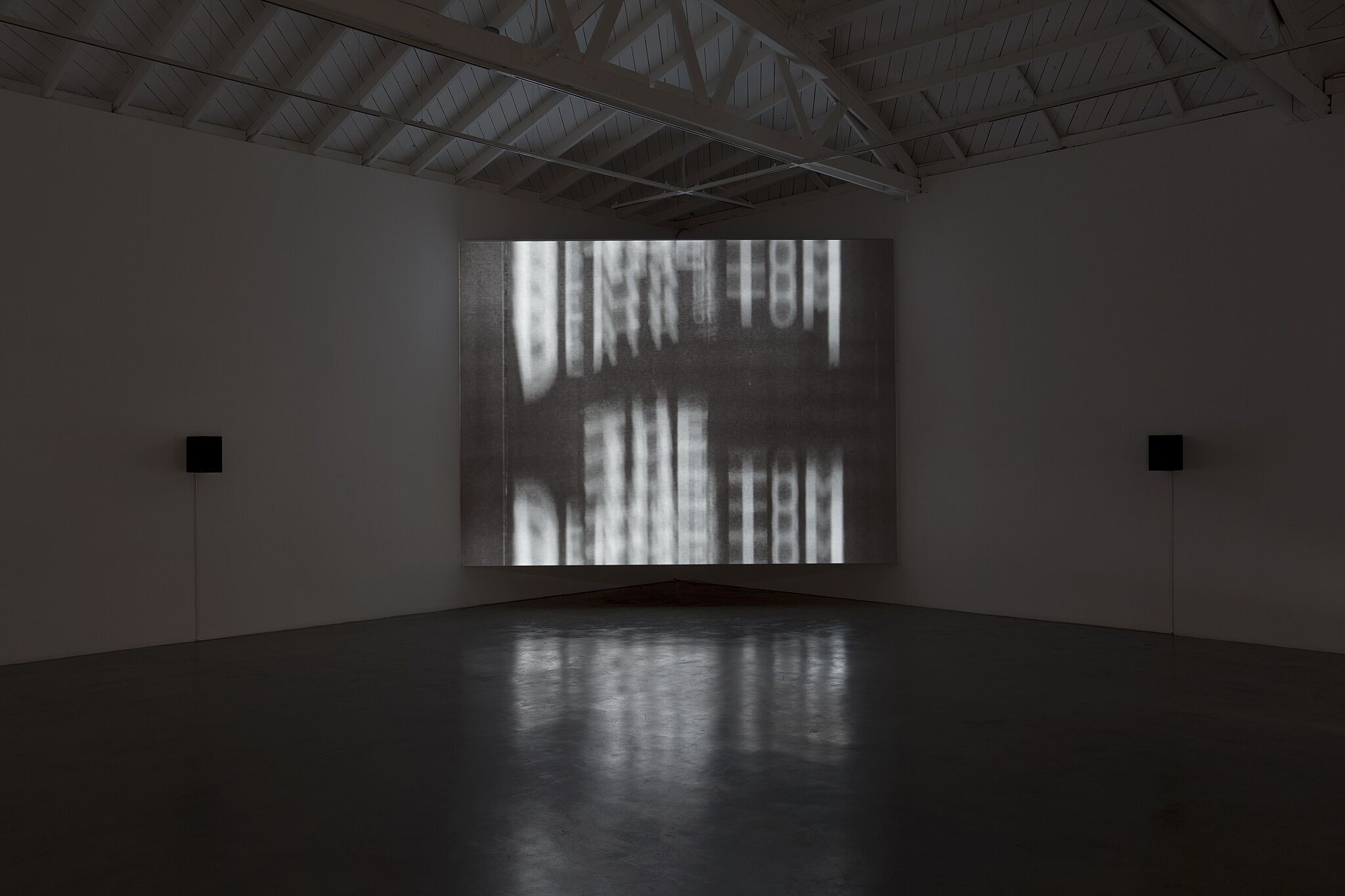 A projection in a gallery with blurred words. that read "The death of Tom"