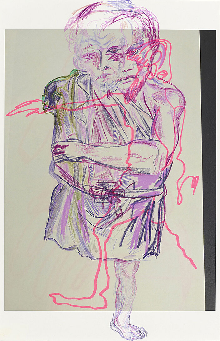 A drawing of a man wearing a toga with a drawing of a different man overlaid on top