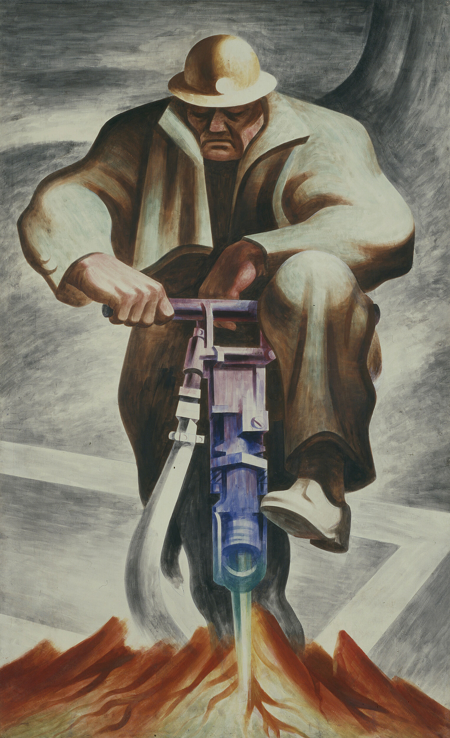 A painting of a man with a drill.