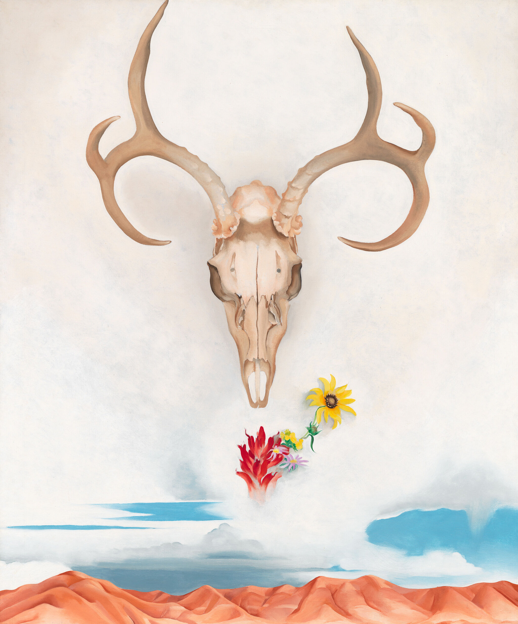 A painting of a bull skull and flowers floating over a desert landscape.