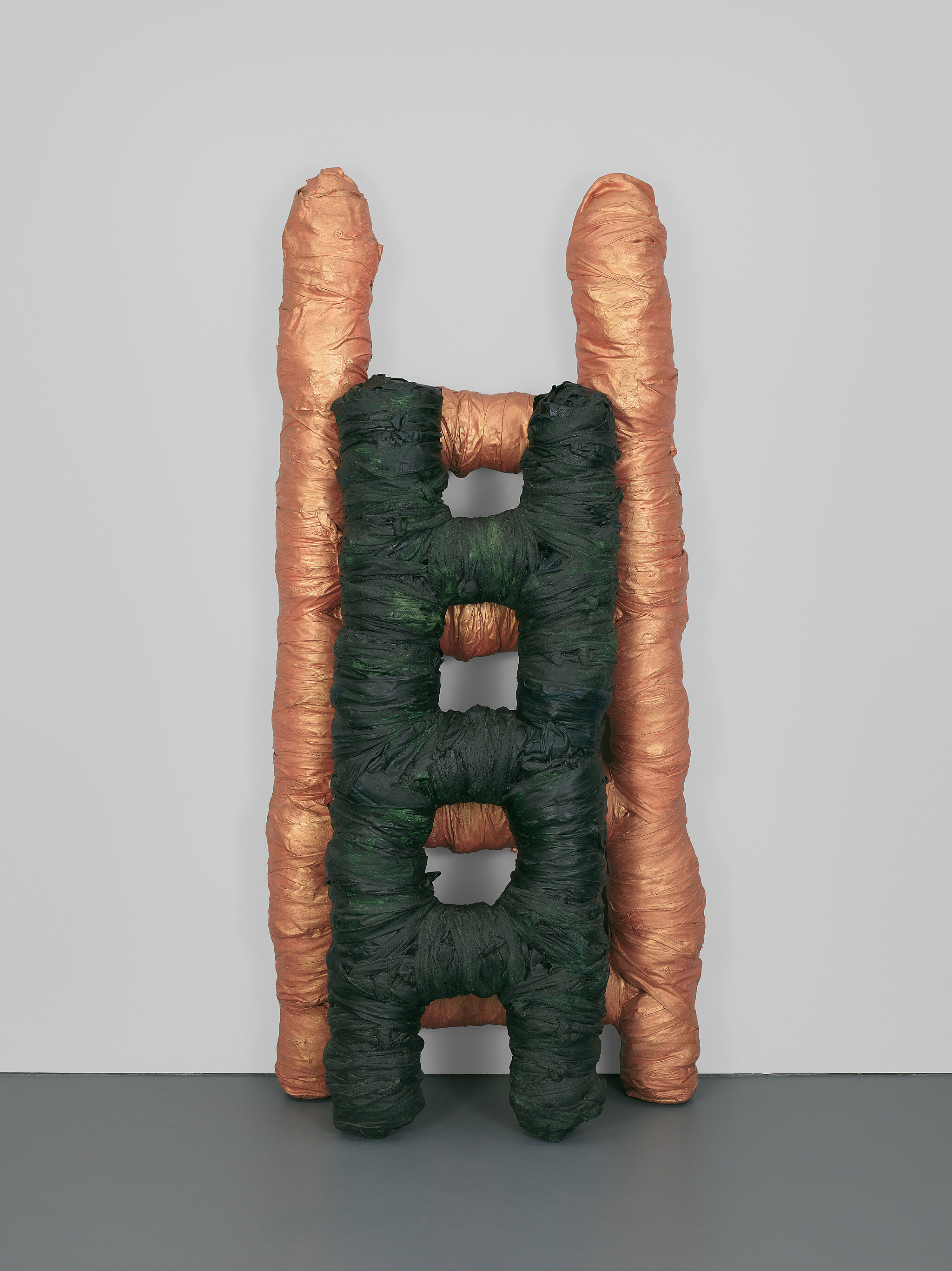 A ladder-like sculpture propped against a wall.
