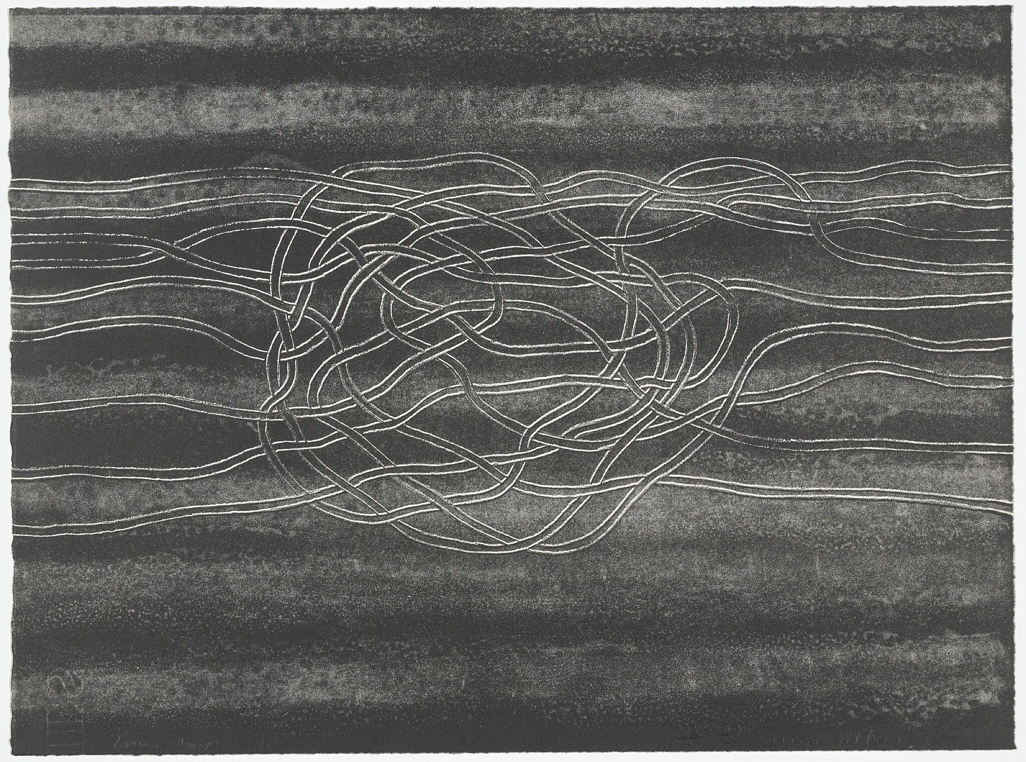 A grayscale print with tangled lines.