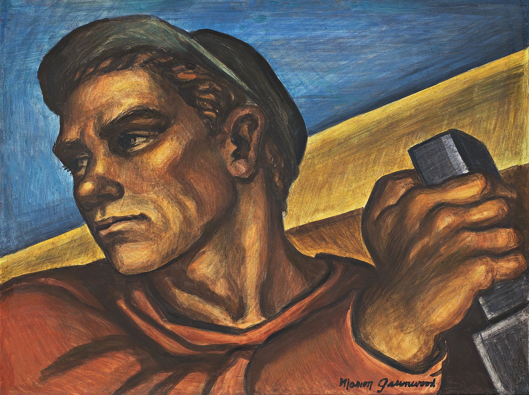 A muscular man holds a large hammer over his shoulder against a blue and gold background.