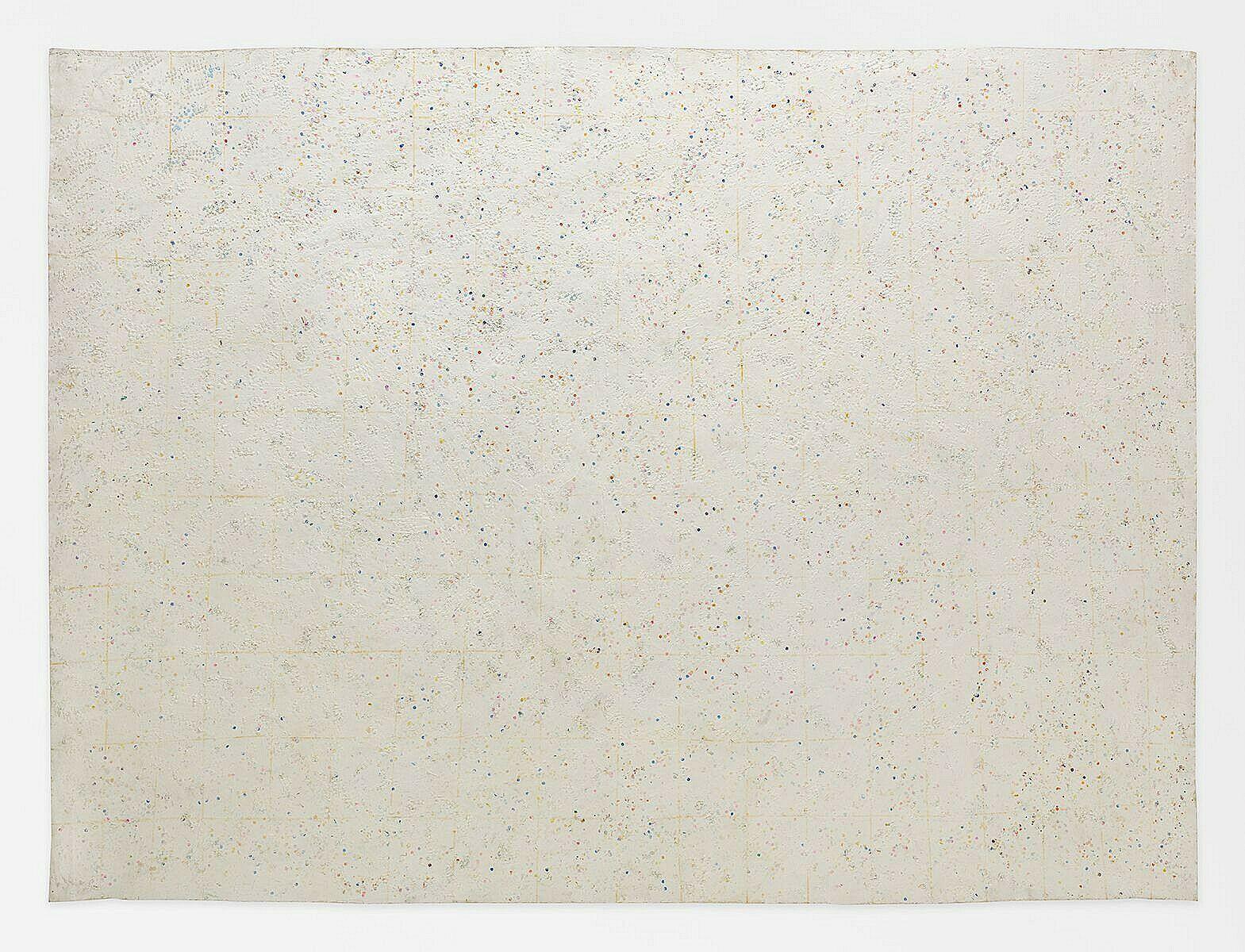 A canvas with abstract and minimalistic dots of colored paint.