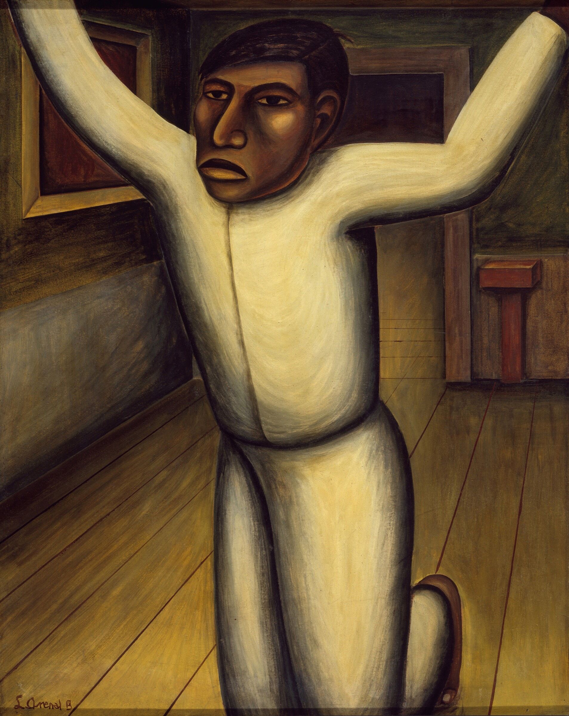 A painting of a man on his knees with his hands in the air.