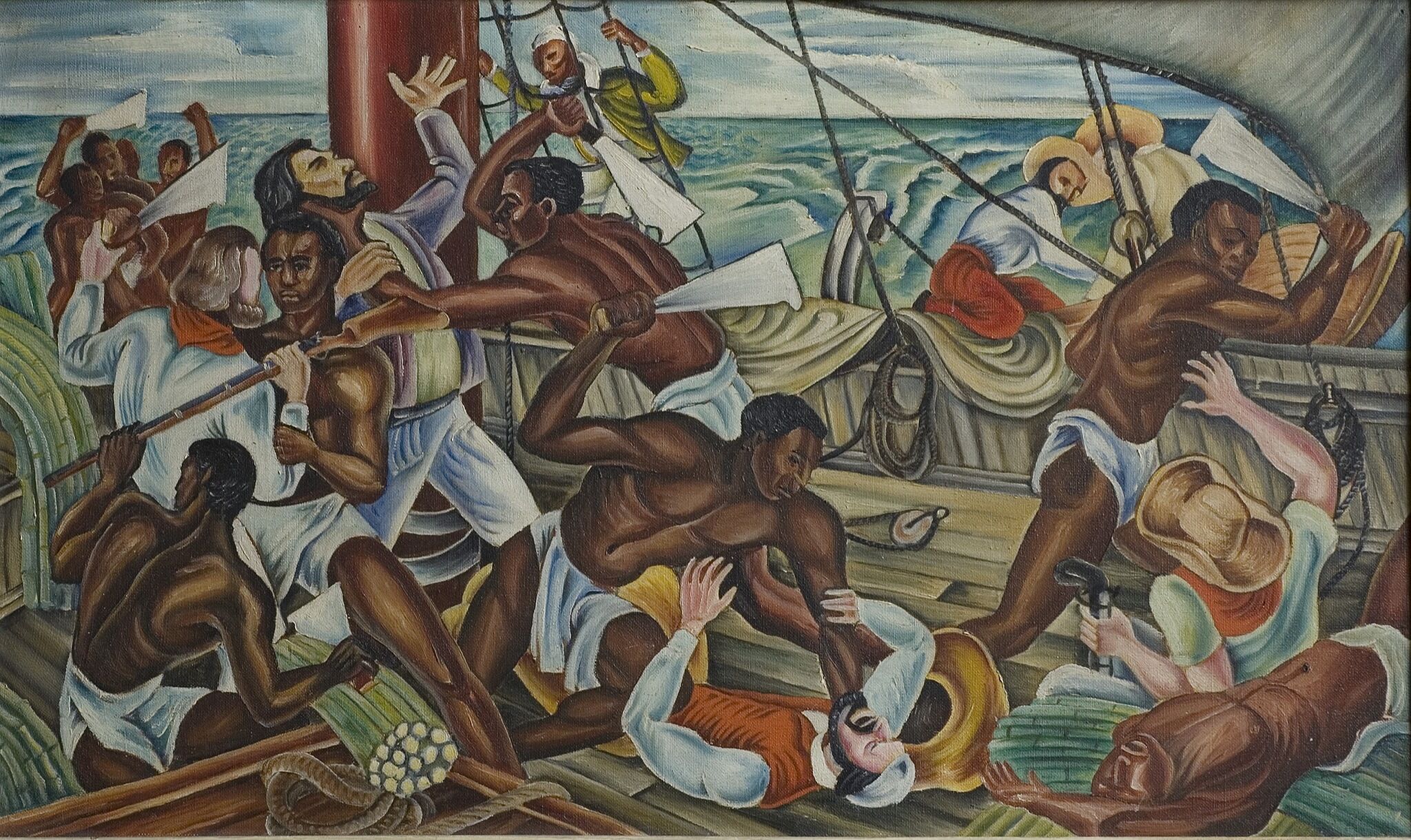 A painting depicting a crowd of people fighting on a ship deck.