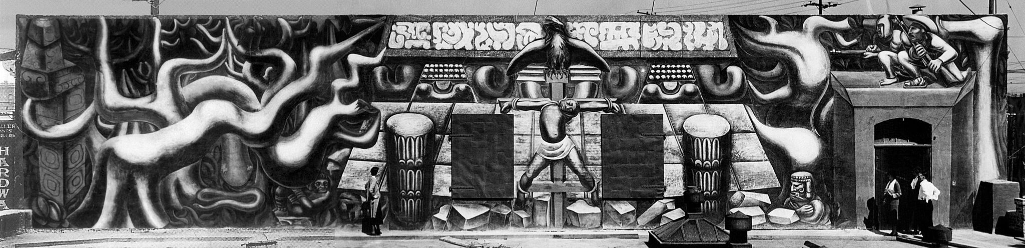 A black and white photo of a mural depicting a man being crucified.