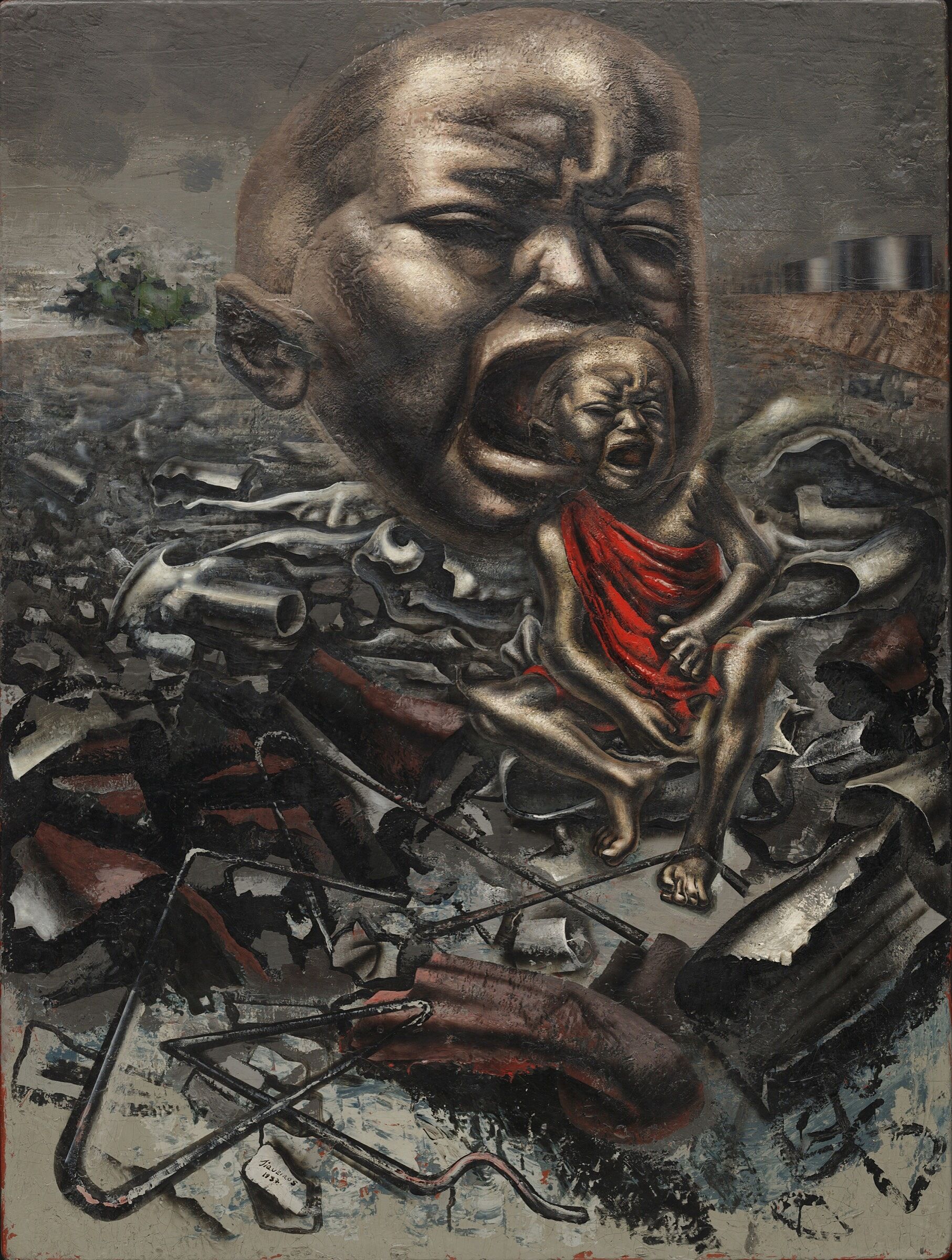 A painting depicting a crying child in a red toga in a dystopian landscape.