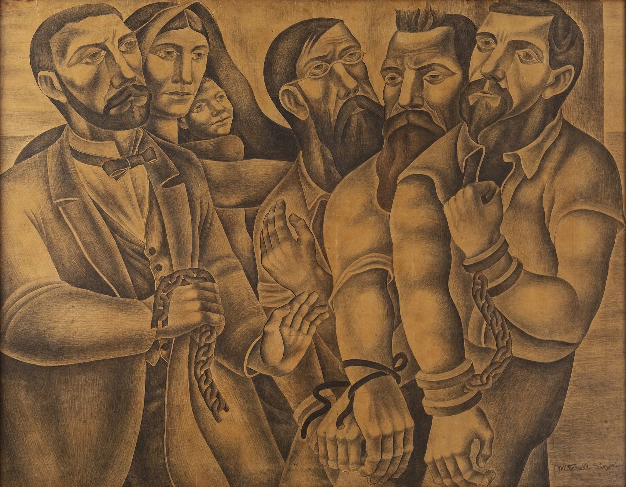 A sepia-toned drawing depicting five individuals and a baby.