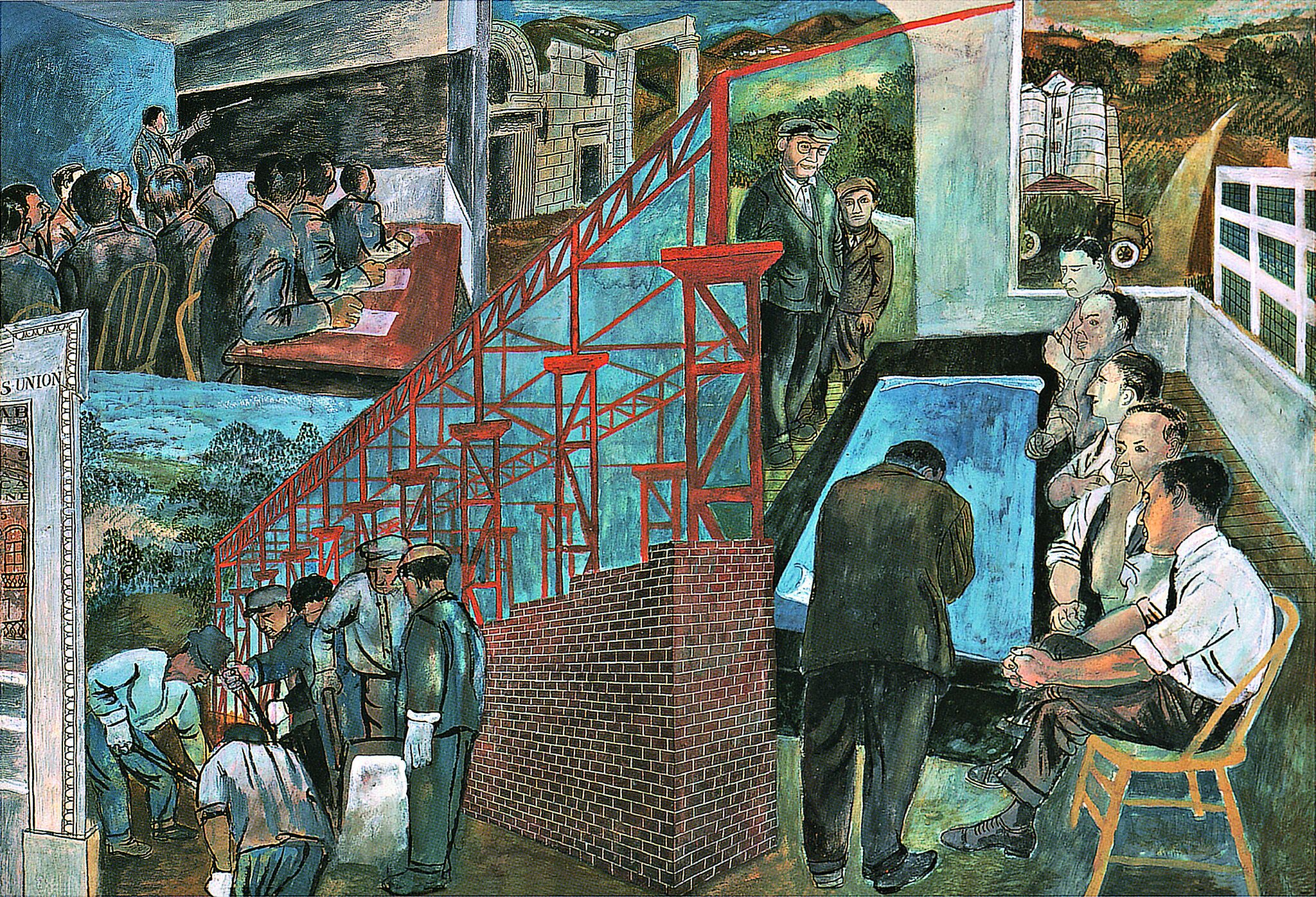 A painting study depicting different scenes including a classroom and men shoveling.