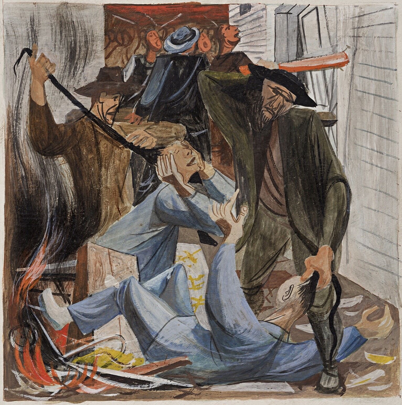 A color sketch depicting two people being attacked in an alley.