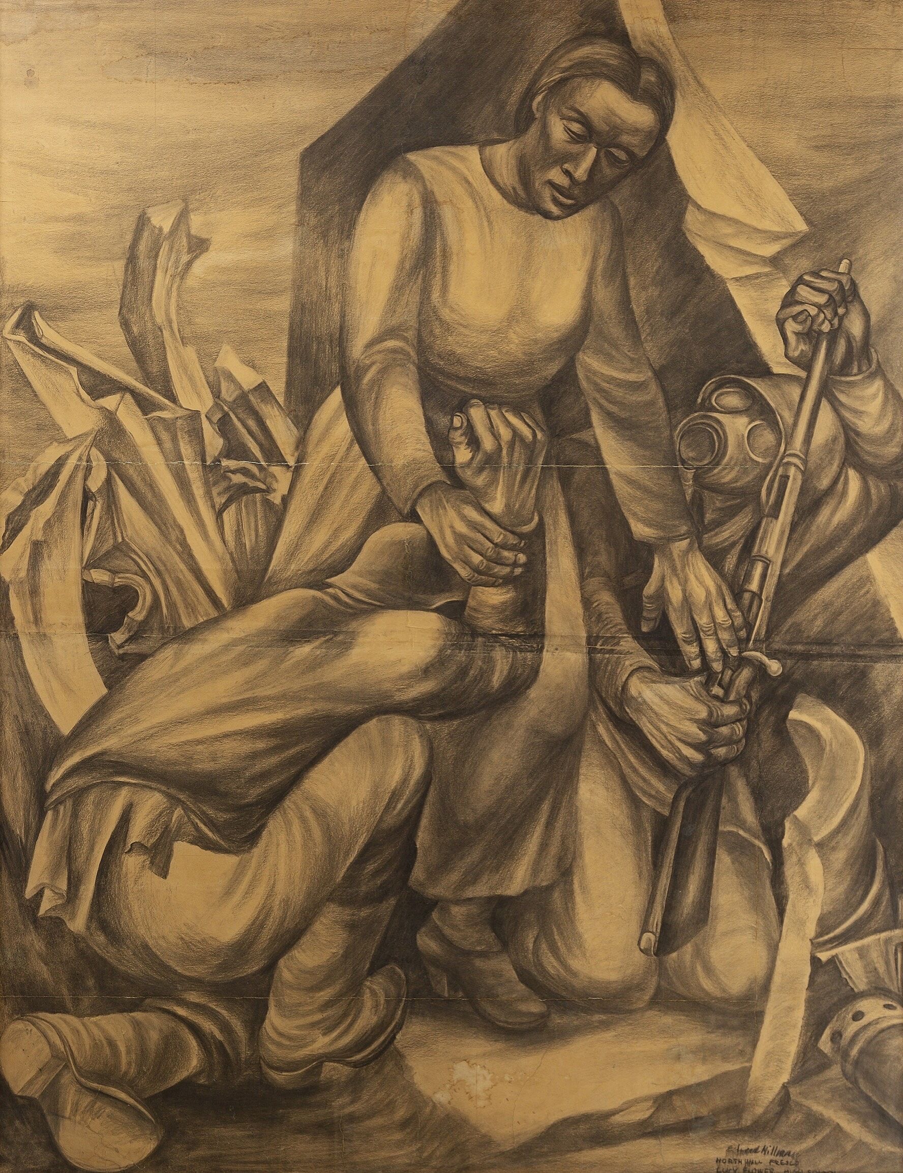 A drawing depicting a woman reaching for two men kneeling on the ground.