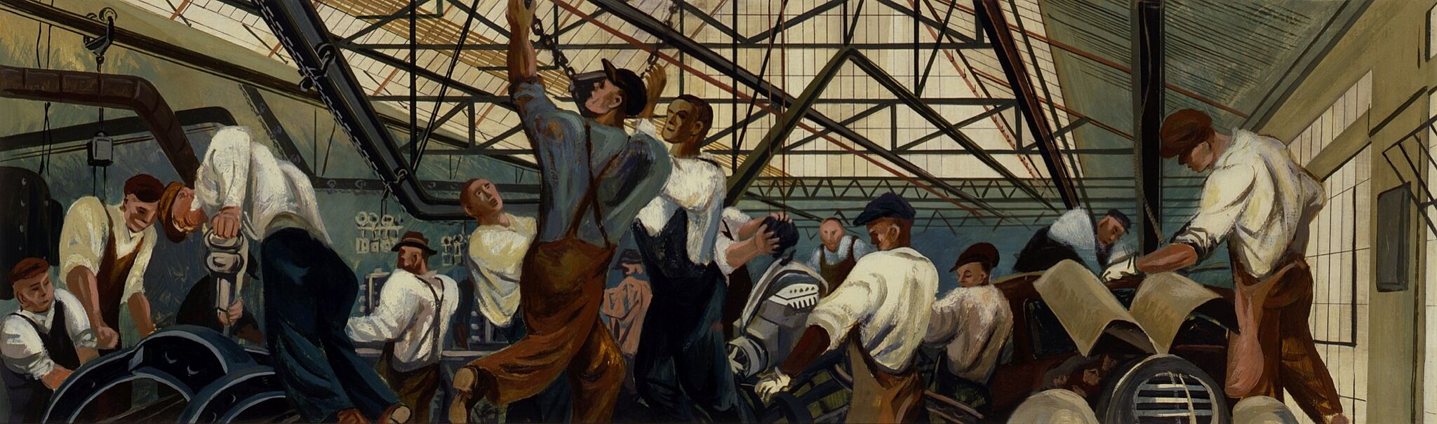 A mural depicting workers in an automobile factory working.