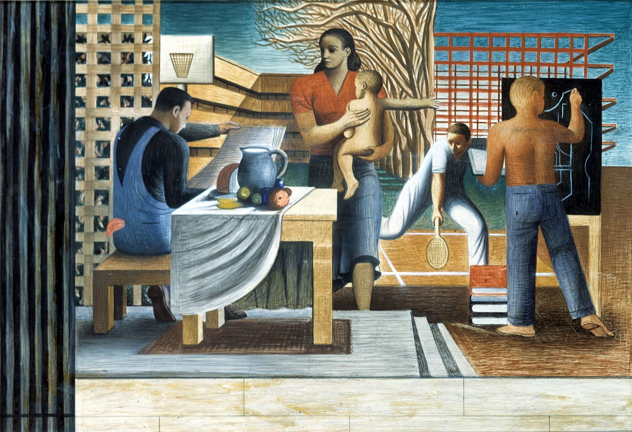 A painting depicting a family in a domestic setting.
