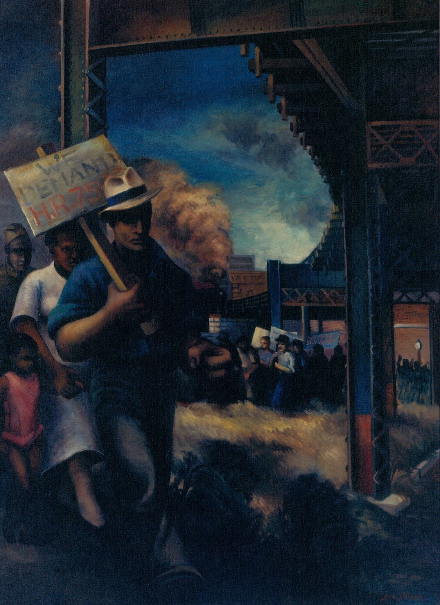 A painting depicting a line of people with picket signs.