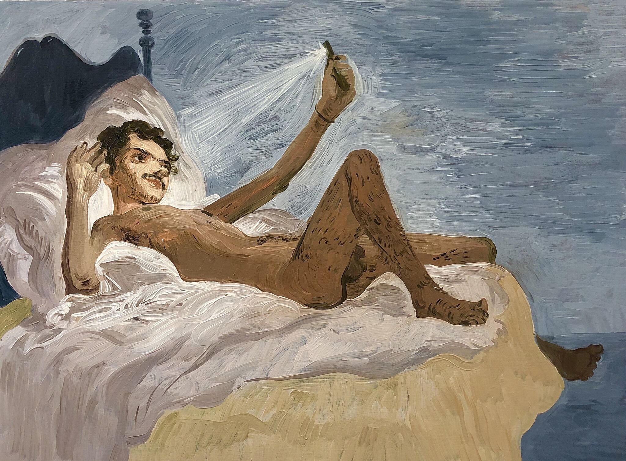 Painting of a relaxed nude man reclines on a bed, taking a selfie with a flash.