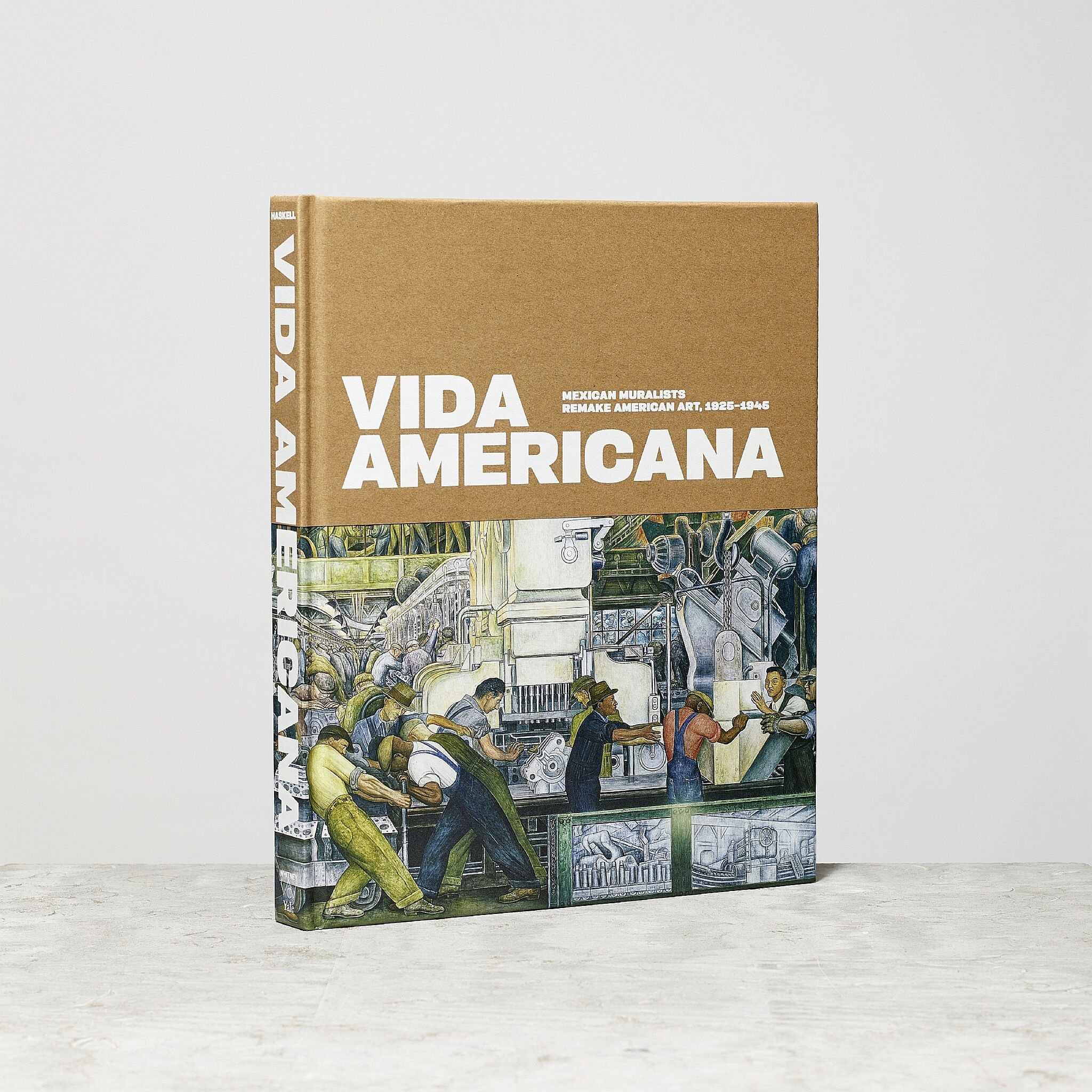 Hardcover book titled Vida Americana showing mural scene of factory workers and machinery.