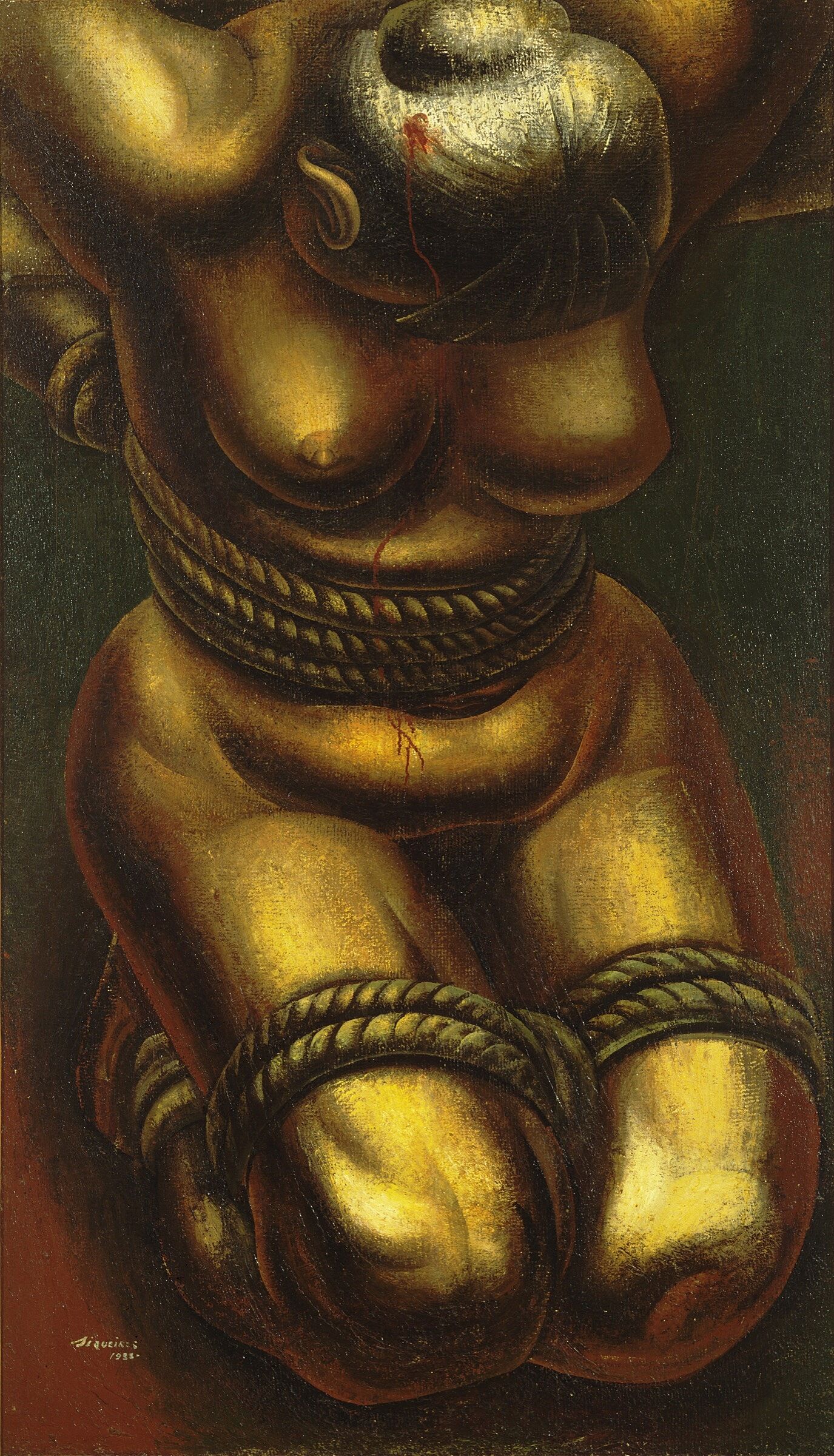 A painting of a bound and naked woman on her knees.