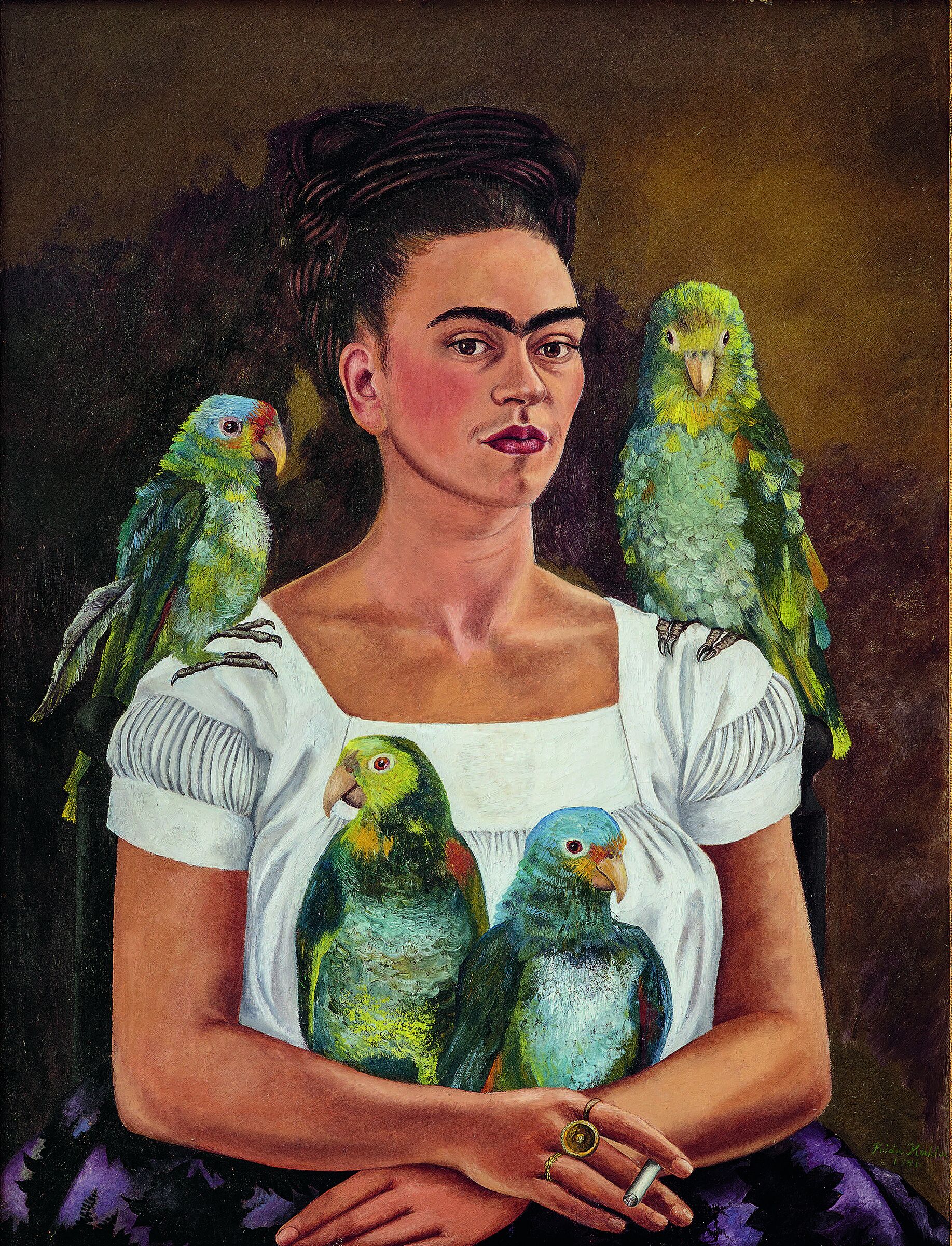 A painting of a woman with parents on her shoulders and in her arms.