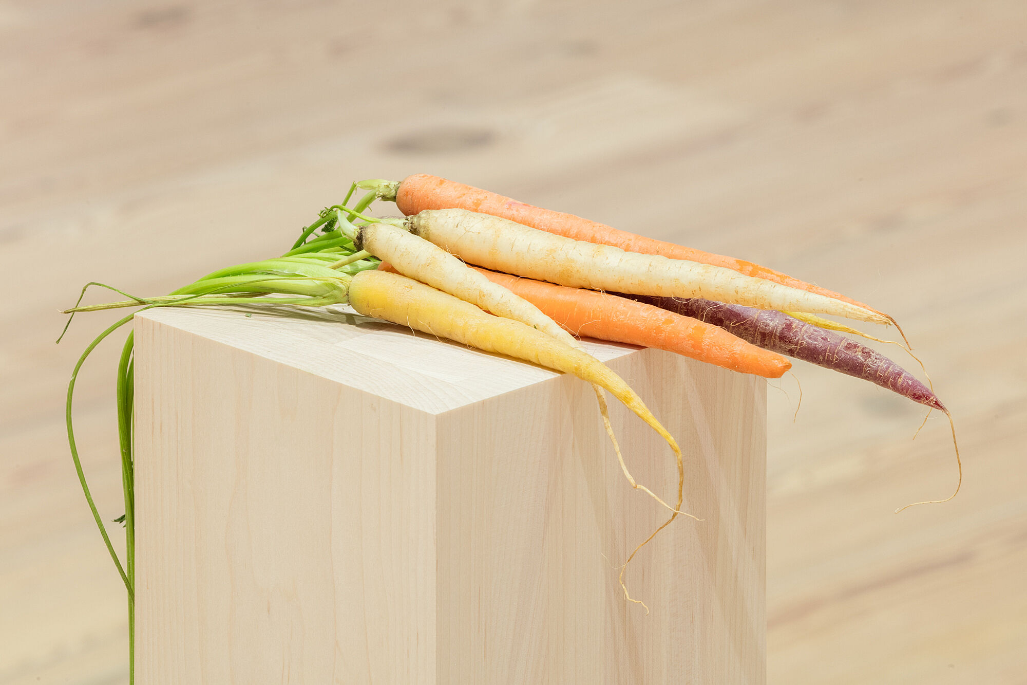 A photo of a bunch of carrots on a plinth.