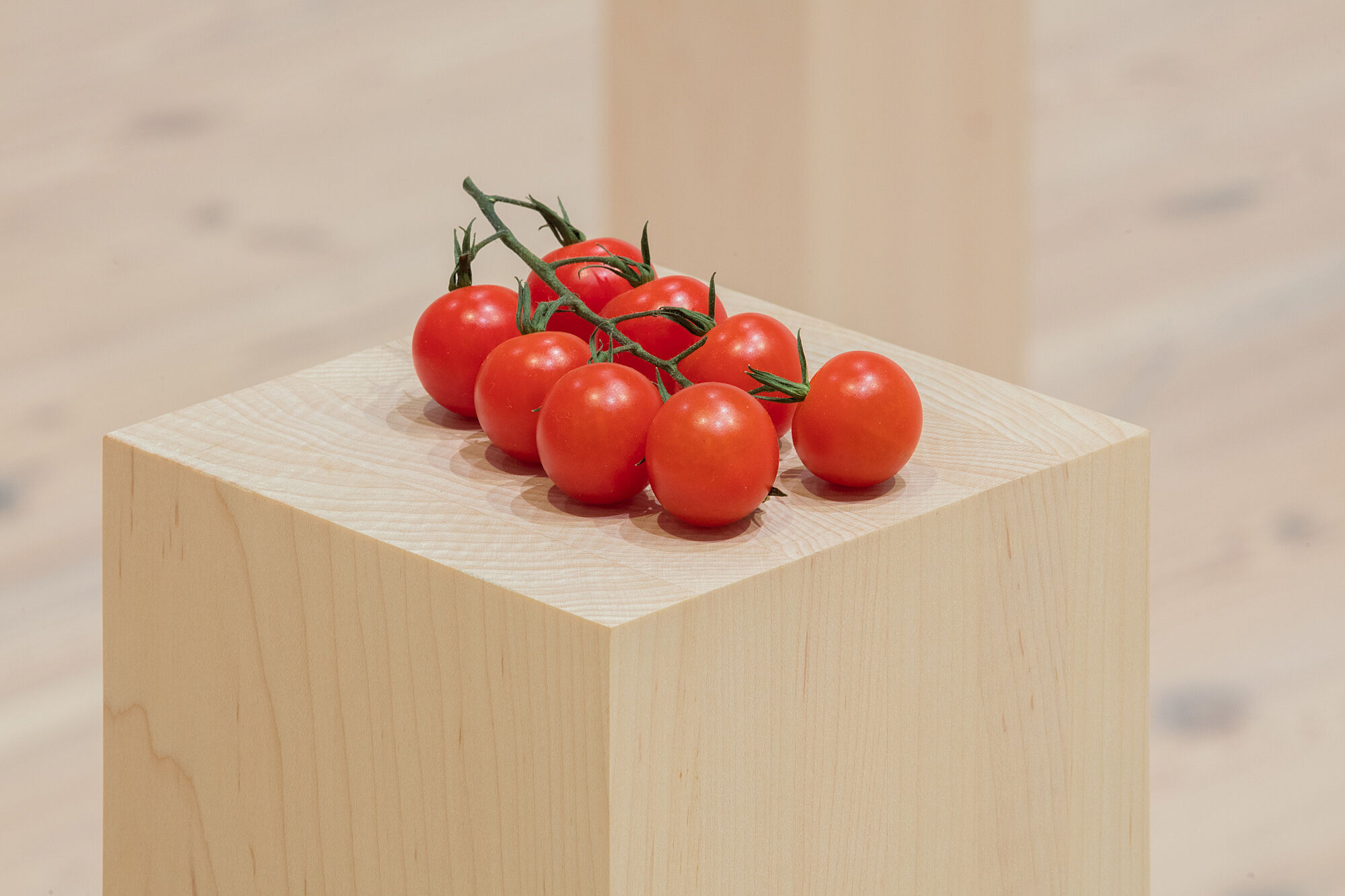 A photo of cherry tomatoes on a plinth.