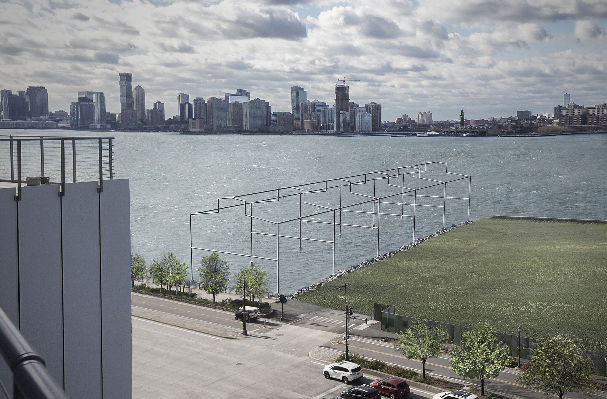 Rendering of a sculpture by David Hammons, resembling the frame of a shed rising from the Hudson River, viewed from the 5th floor of the Whitney Museum