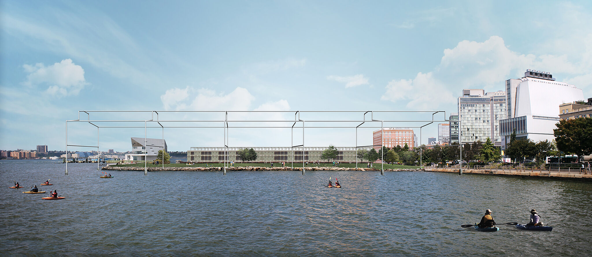 Rendering of a sculpture by David Hammons, resembling the frame of a shed rising from the Hudson River, viewed looking north from the water