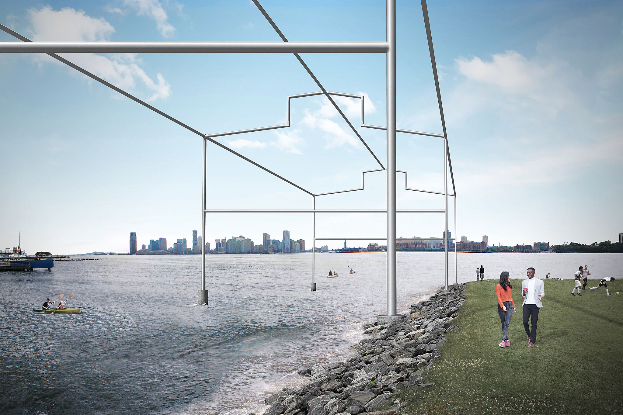 Rendering of a sculpture by David Hammons, resembling the frame of a shed rising from the Hudson River