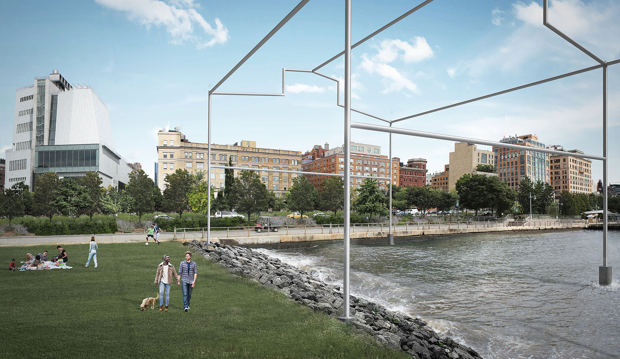 Rendering of a sculpture by David Hammons, resembling the frame of a shed rising from the Hudson River, viewed looking east