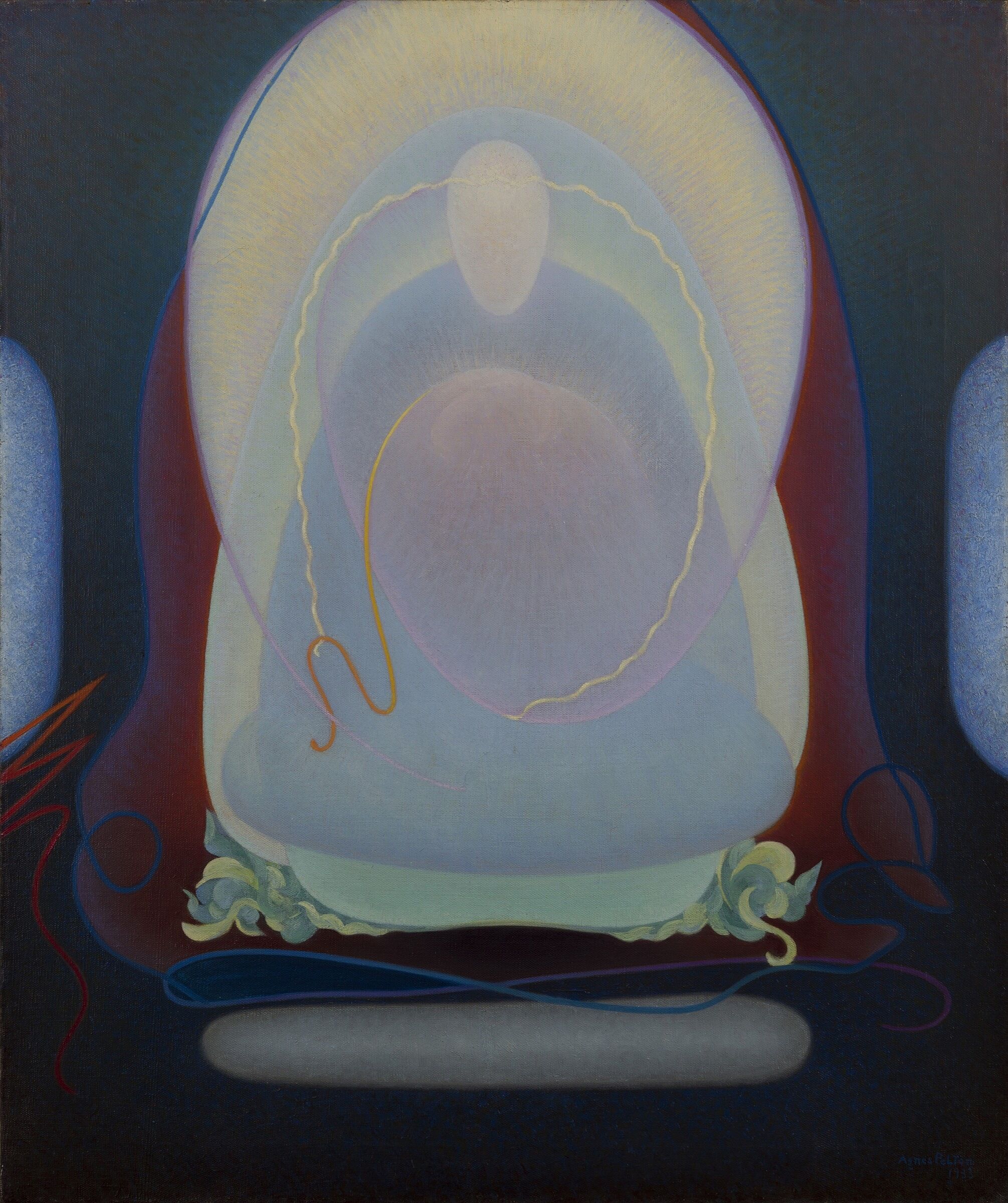 An abstract painting of biomorphic shapes in dark and earthy shades of color.