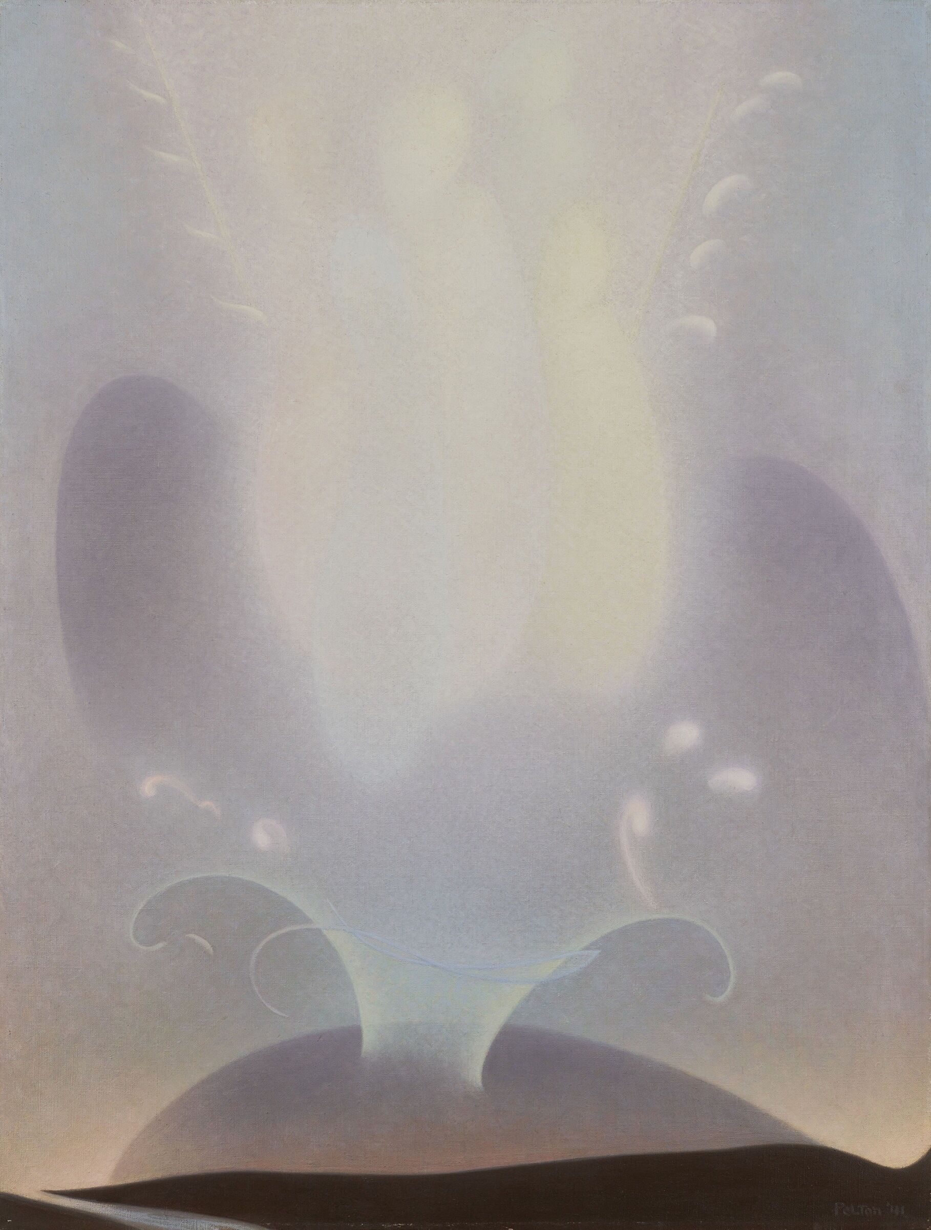 An abstract painting with pastel lavender forms.