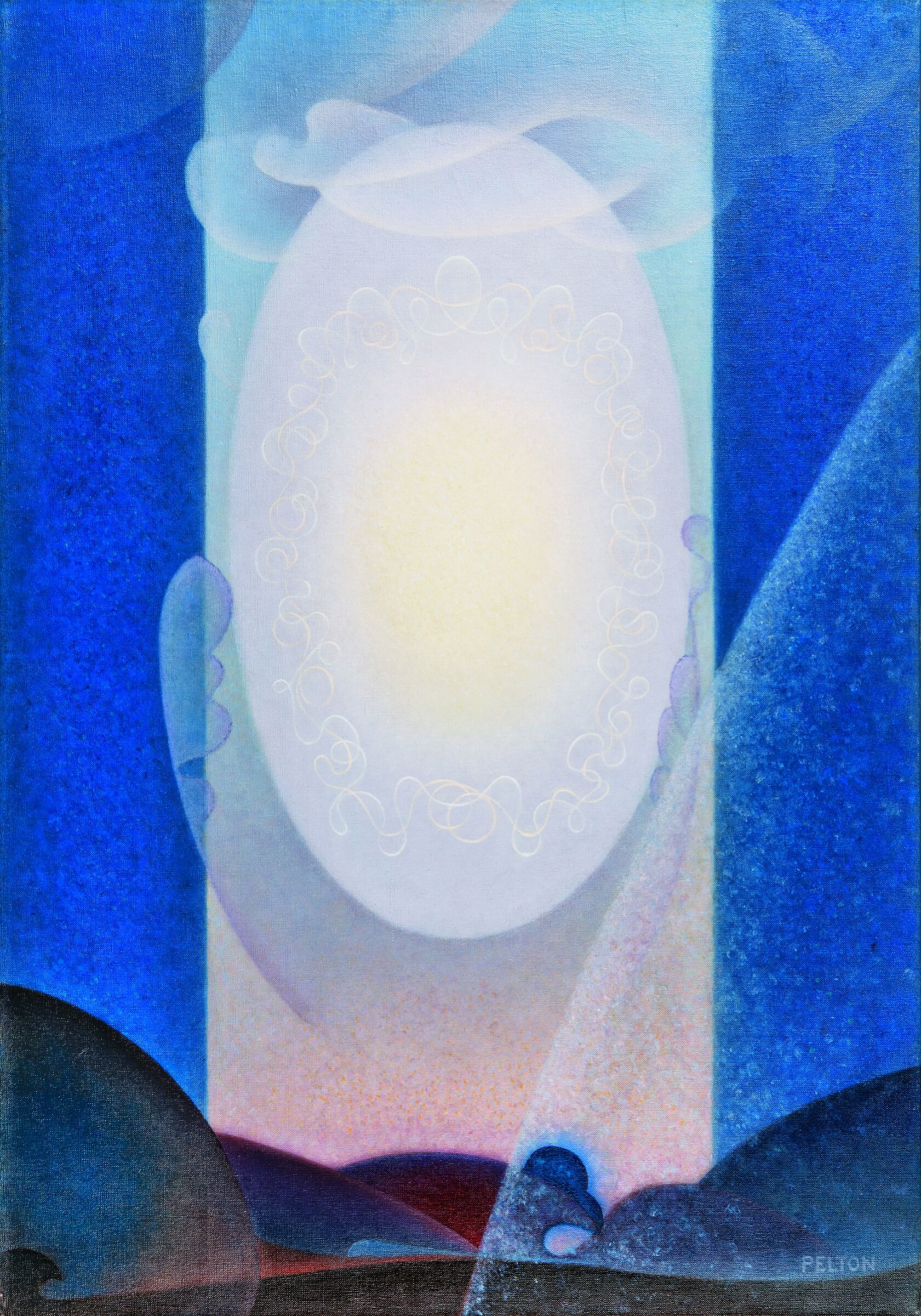 An abstract painting with a lavender oval surrounded by blue forms.