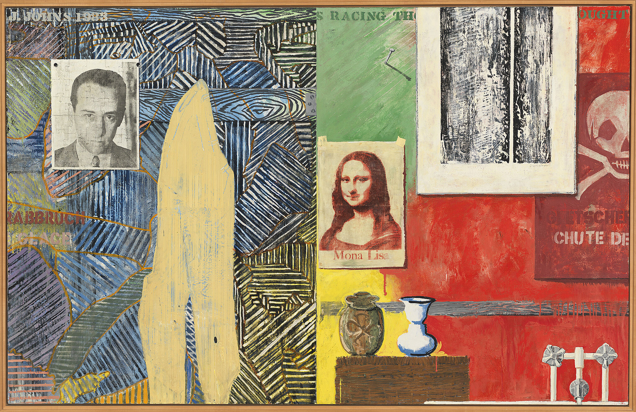 Multiple images in bright red, blue, yellow, and green interact and overlap giving the illusion of a collage or of prints, posters, drawings and objects tacked, pinned, taped, or hung on a wall or balanced on a shelf. The left half of the background is patterned hashmarks, and the title and artist’s name are stenciled across the top.  