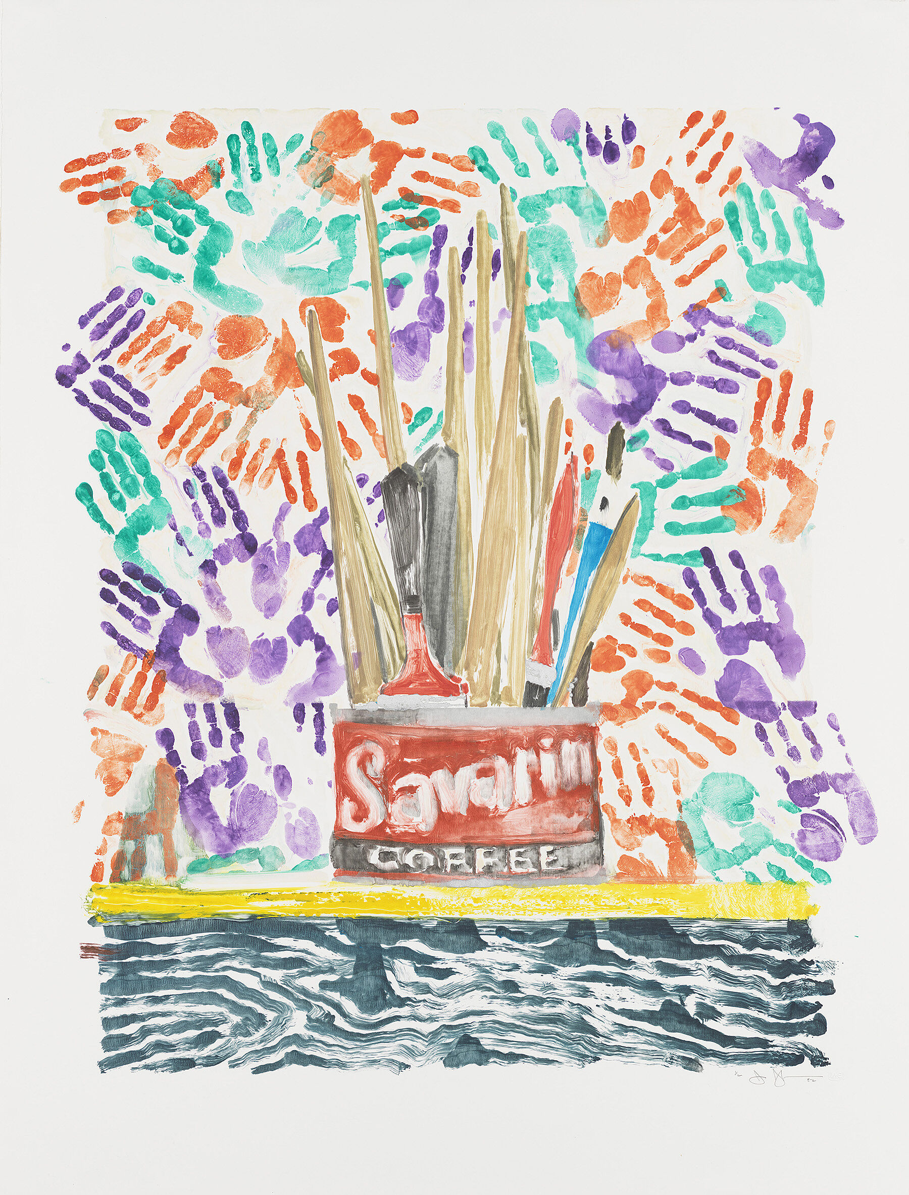 a lithograph of a Savarin coffee can filled with paint brushes with orange, green, and purple hand prints in the background