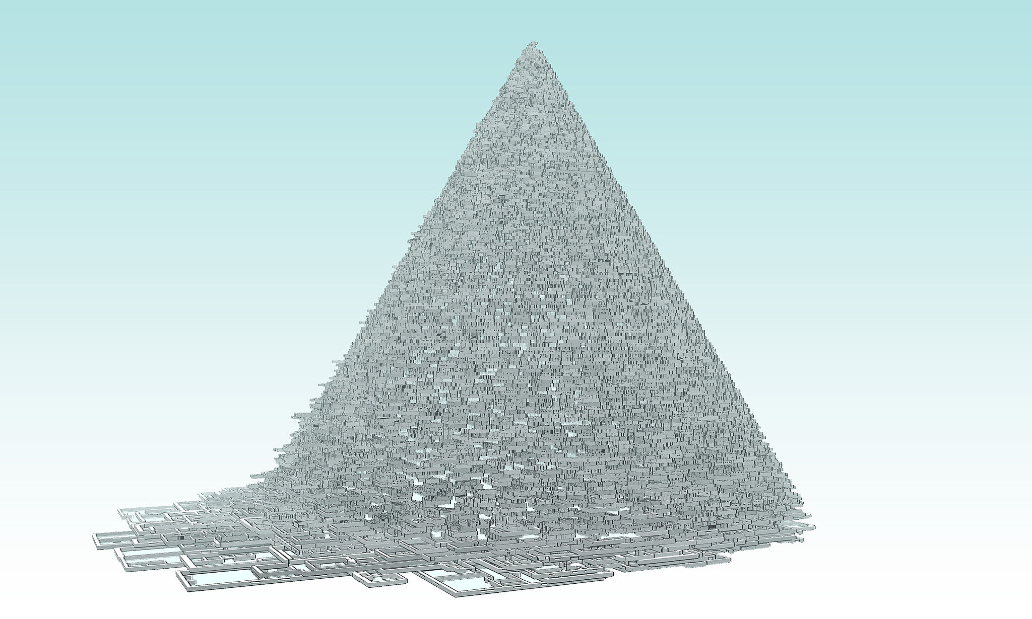 A computer-generated image of apartment layouts stacked into the shape of a pyramid 