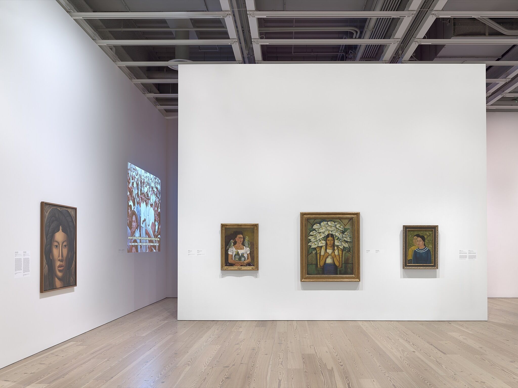 An installation photo of a gallery with paintings.