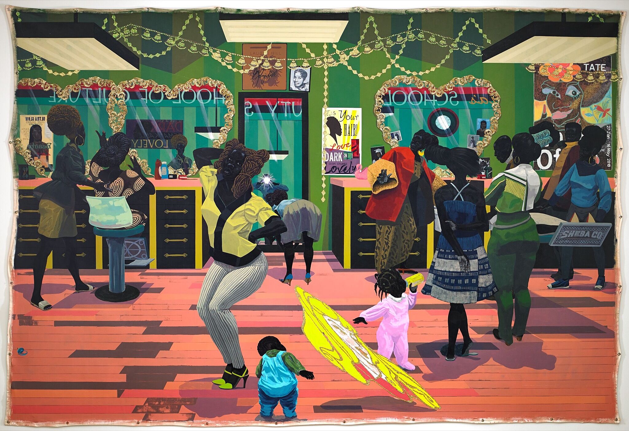 A painting of a barbershop full of people.