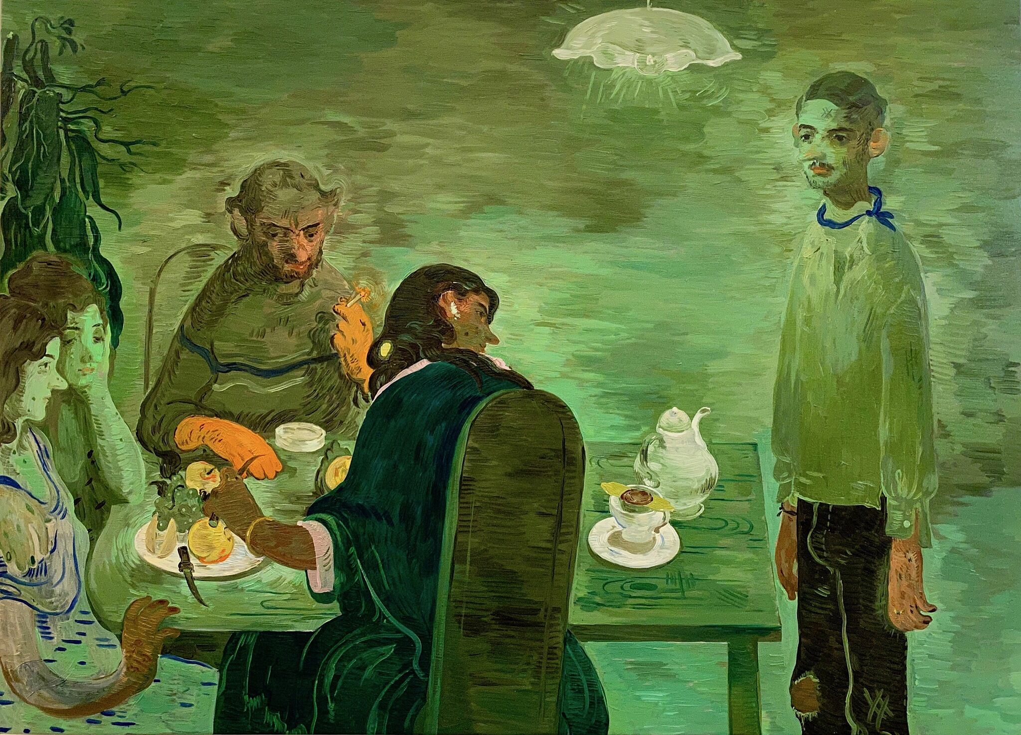 A painting depicting five individuals around a table.