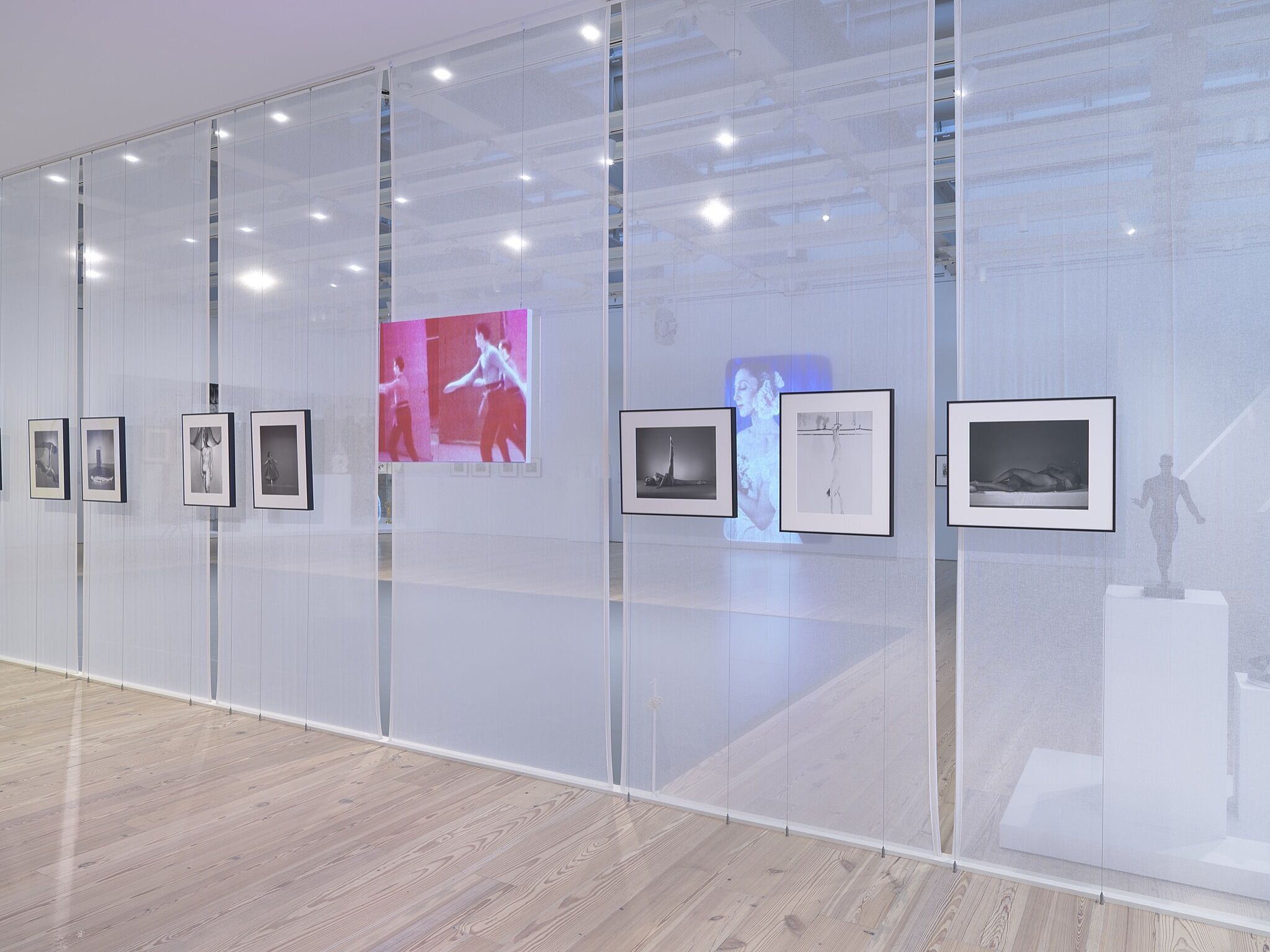 A photo of the Whitney galleries with various photos and videos on the wall.